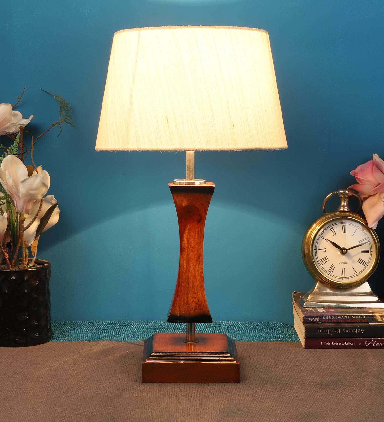 Beige Shade Table Lamp With Light Brown Woodden Base