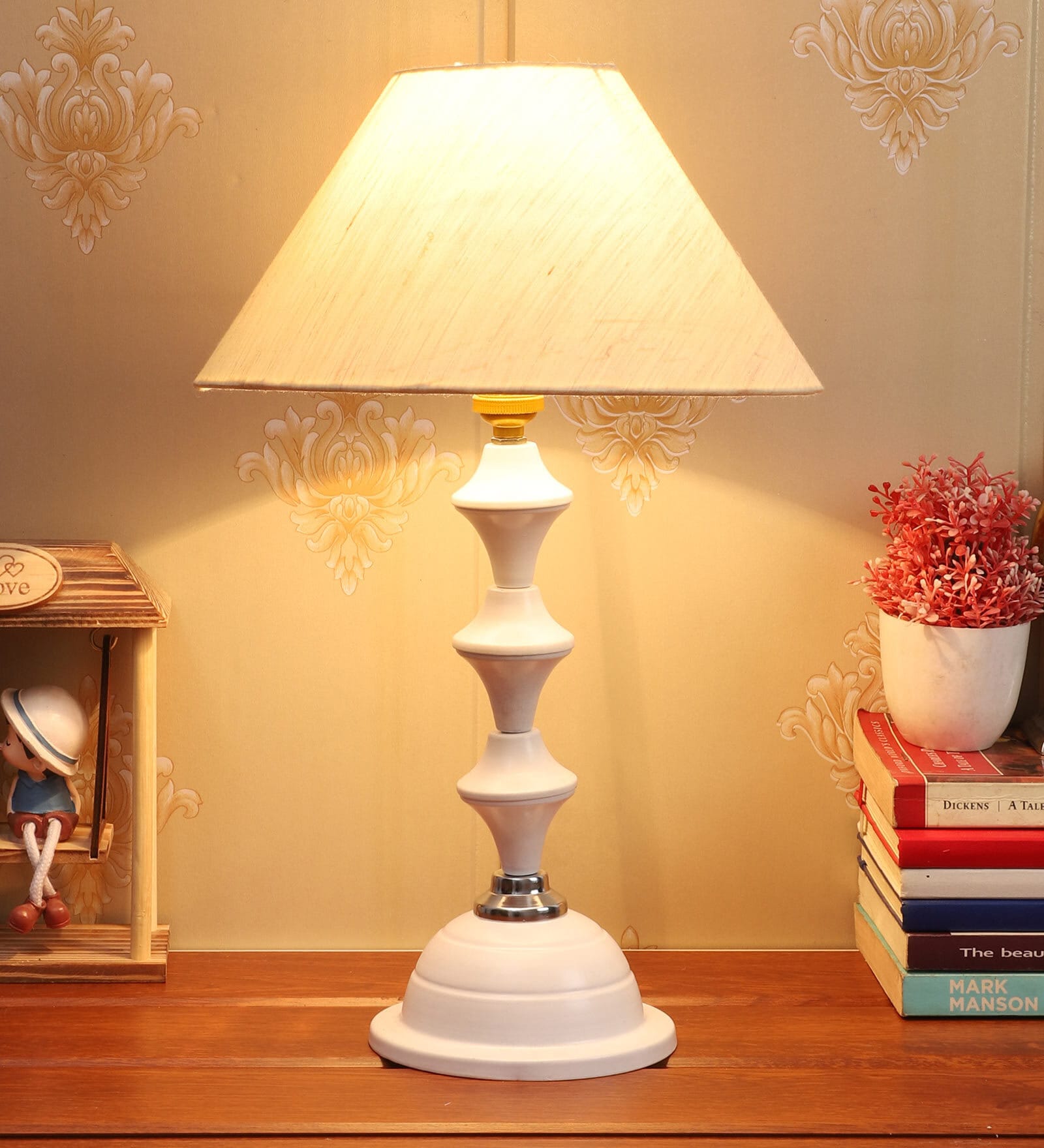 Yogasana Beige Fabric Shade Night Lamp With Metal Base
