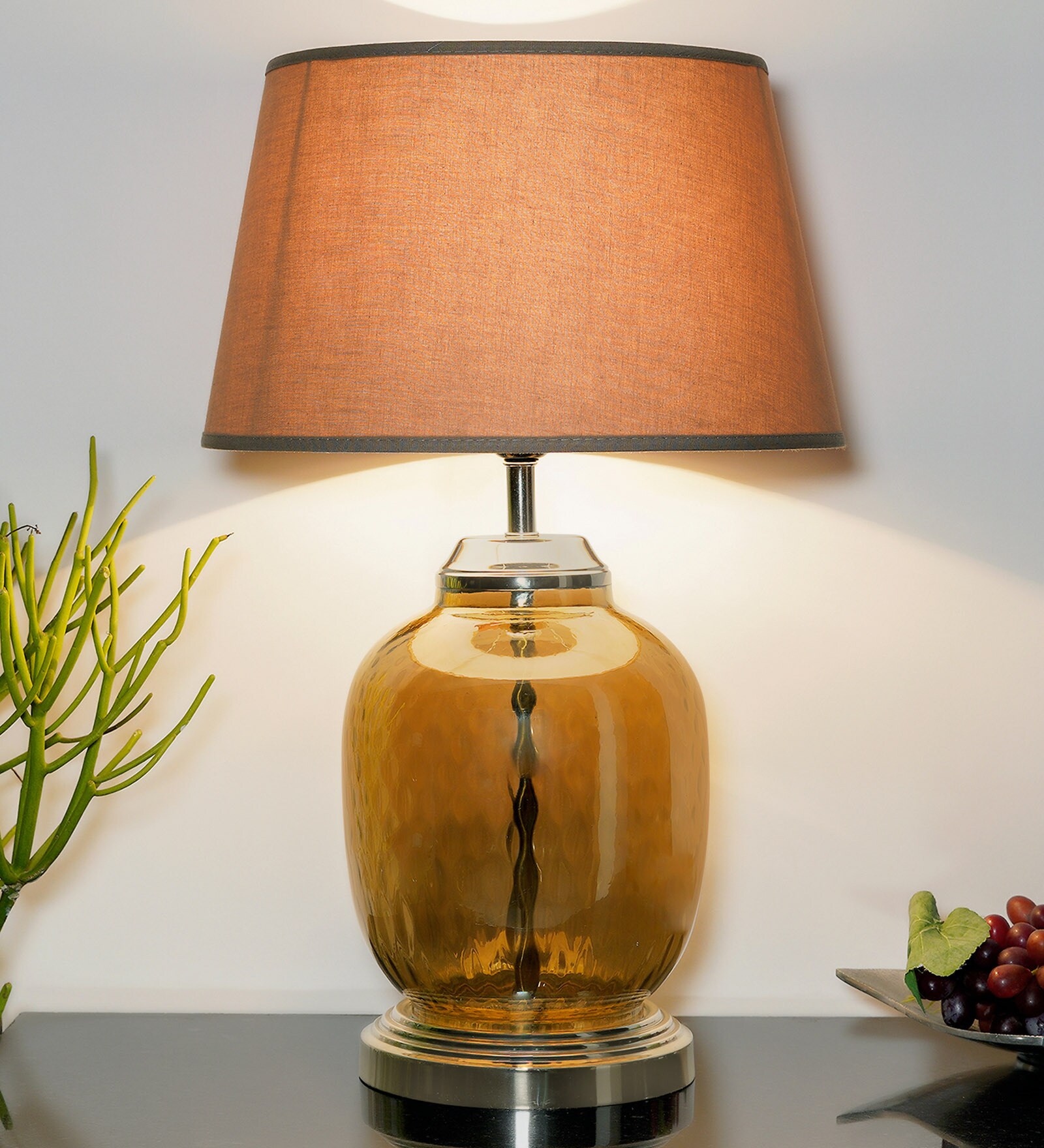 Mylo Beige Cottan Fabric Shade Night Lamp With Metal & Glass Base