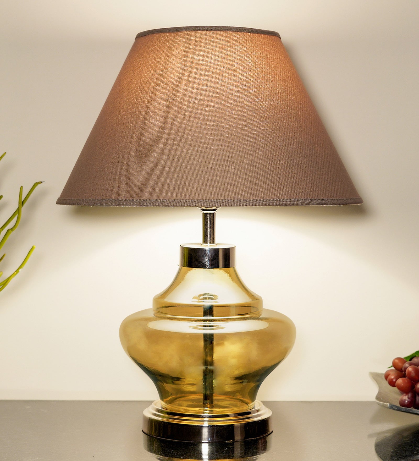 Palermo Beige Cottan Fabric Shade Night Lamp With Metal & Glass Base