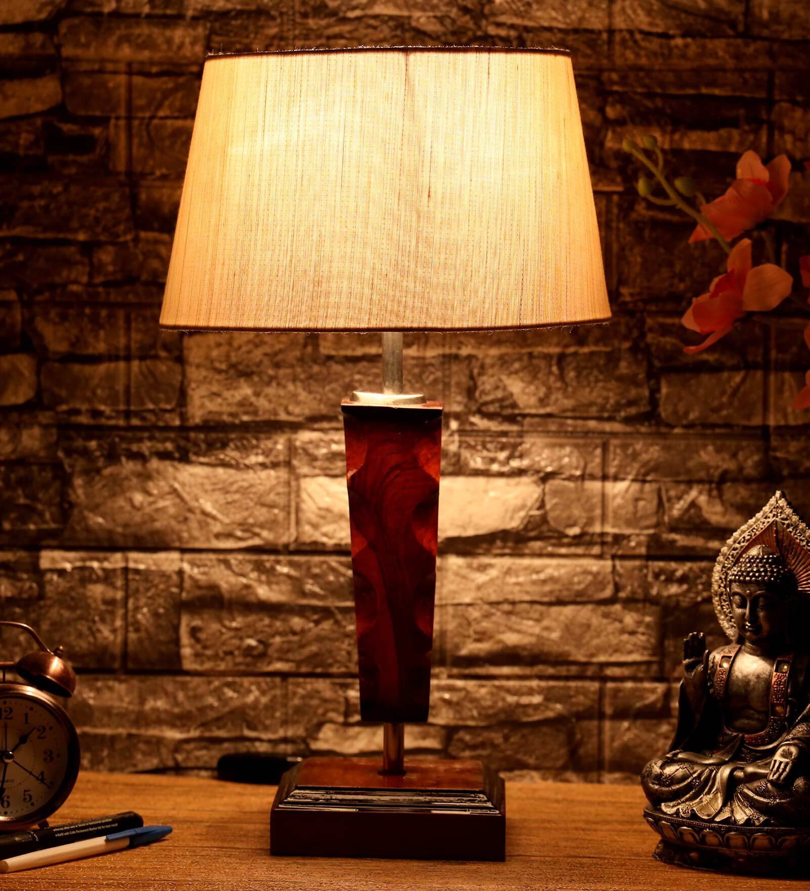 Magalie Beige Fabric Shade Night Lamp With Wood Base