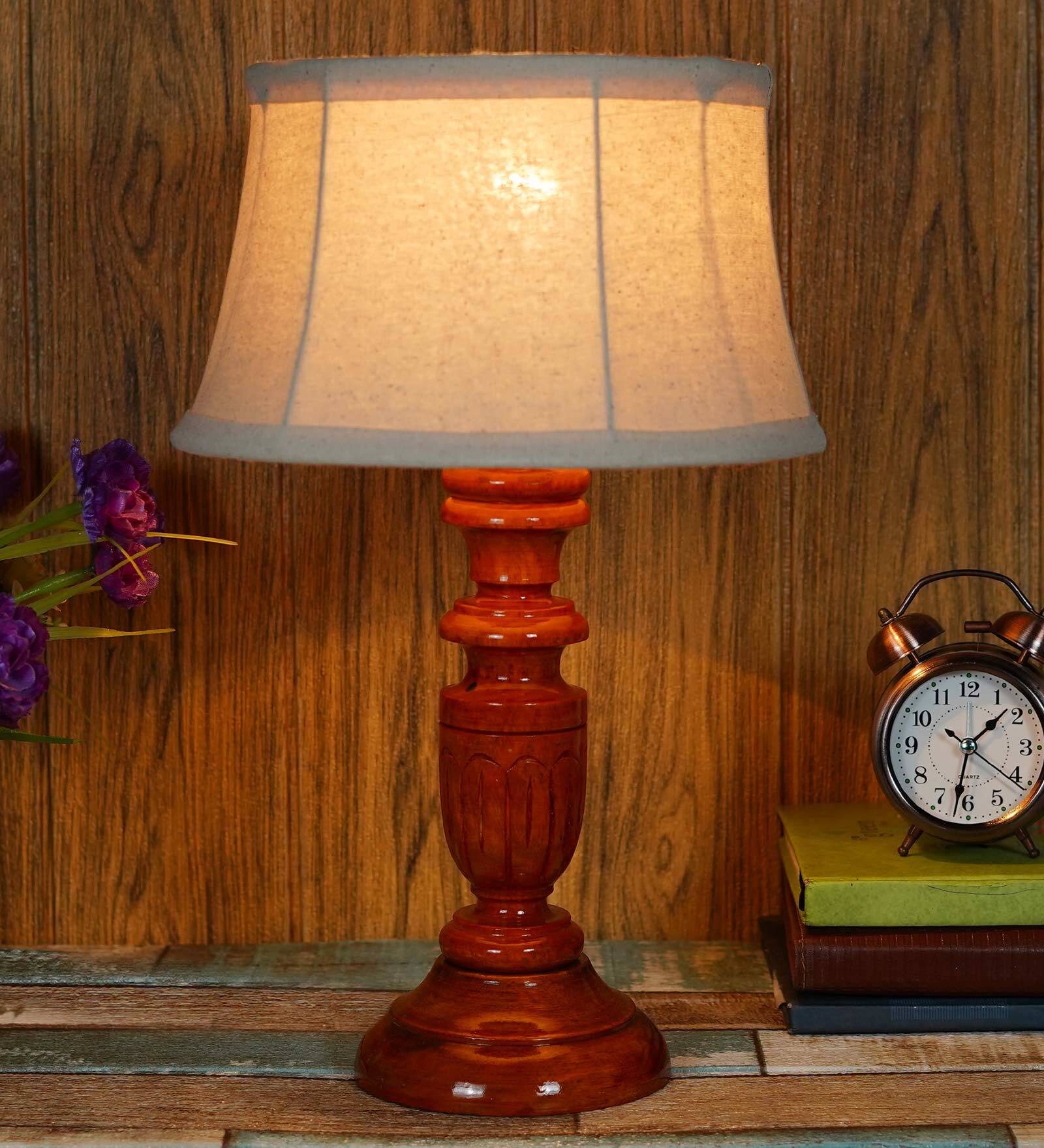Knepp Beige Fabric Shade Night Lamp With Wood Base