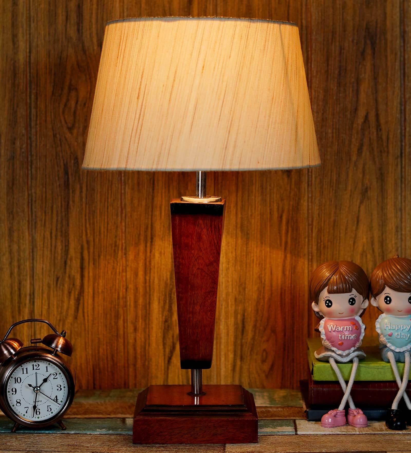 Fergal Beige Fabric Shade Night Lamp With Wood Base