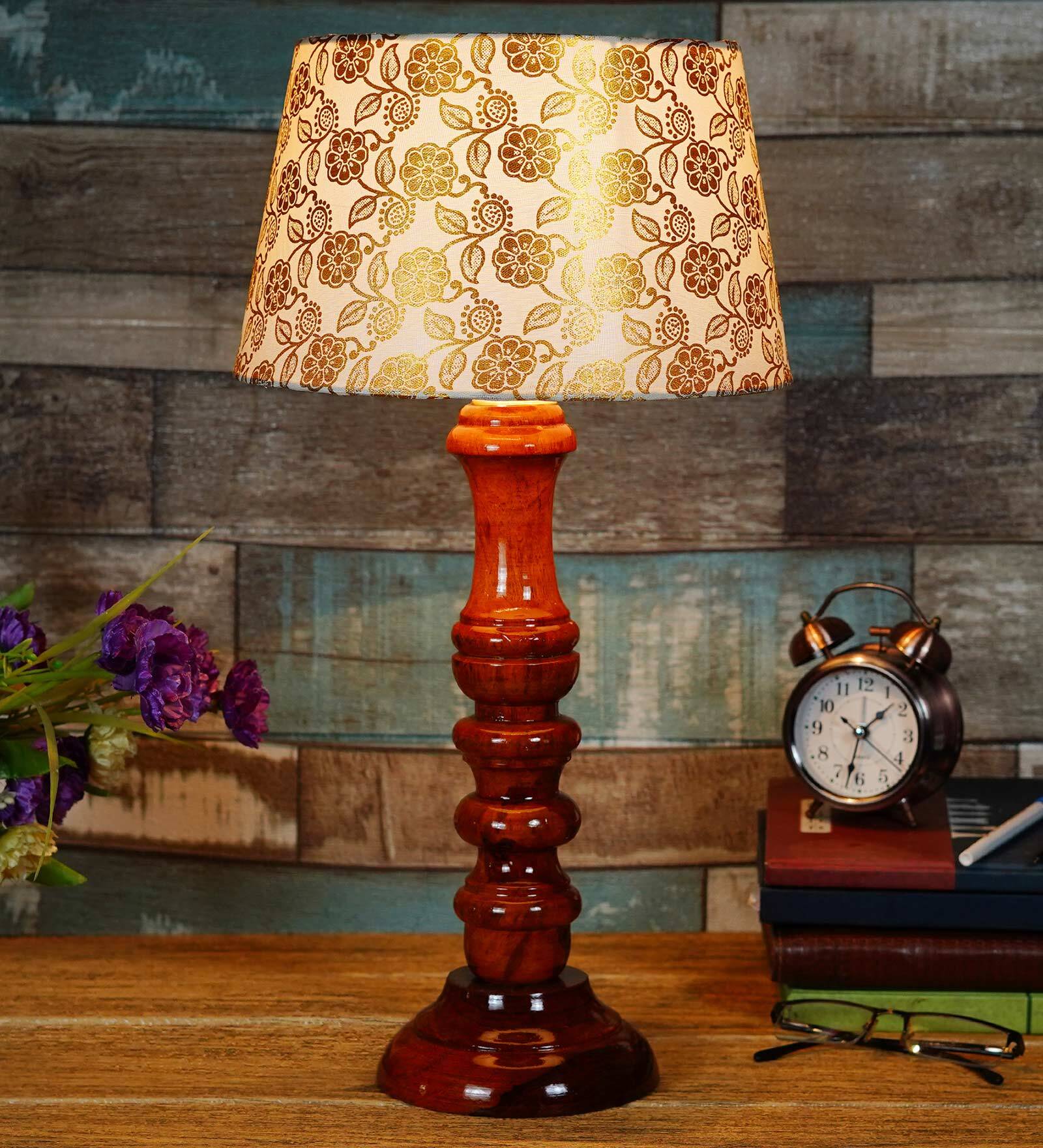 Arrow Beige Fabric Shade Night Lamp With Wood Base