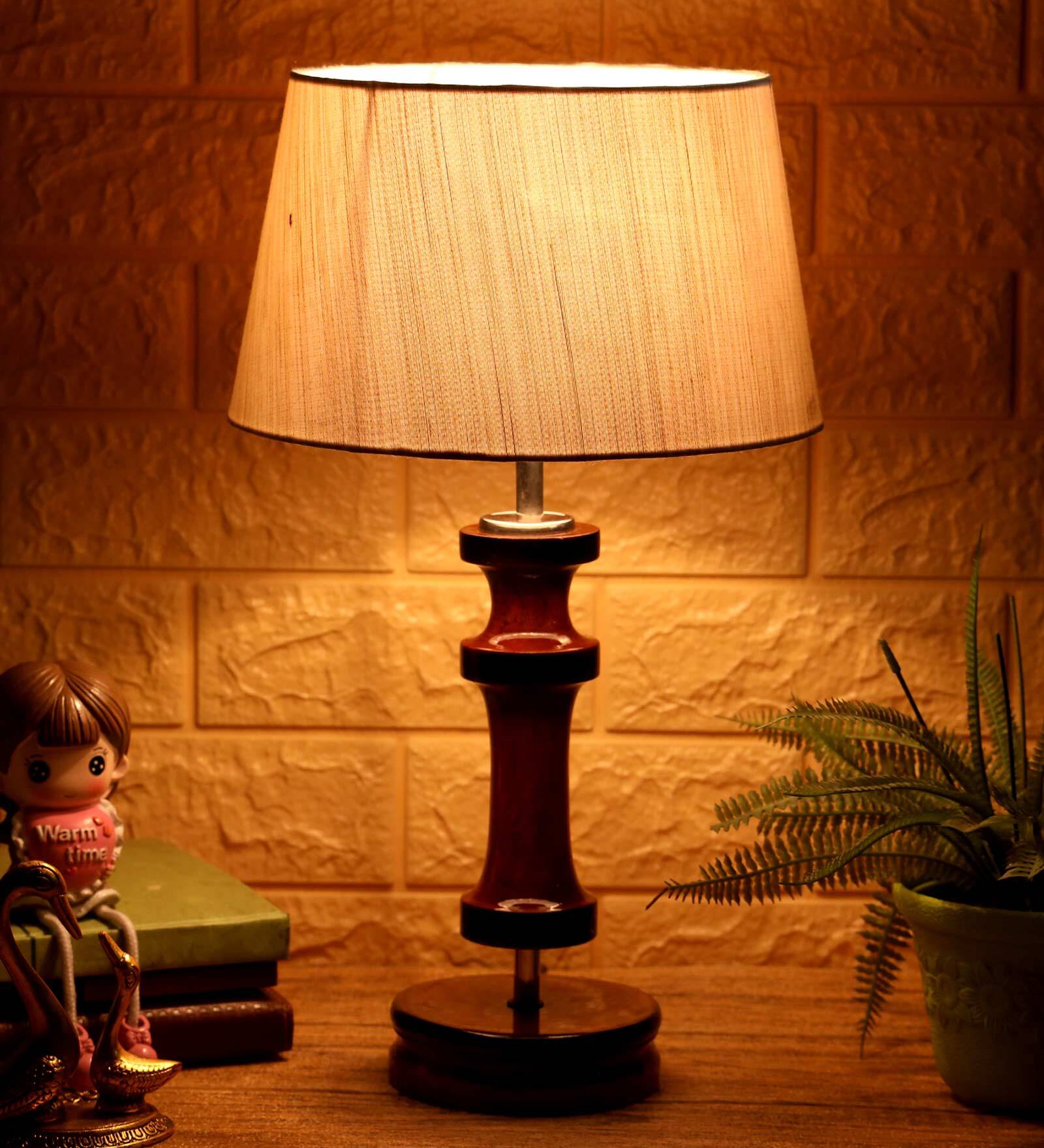 Canvas Beige Fabric Shade Night Lamp With Wood Base
