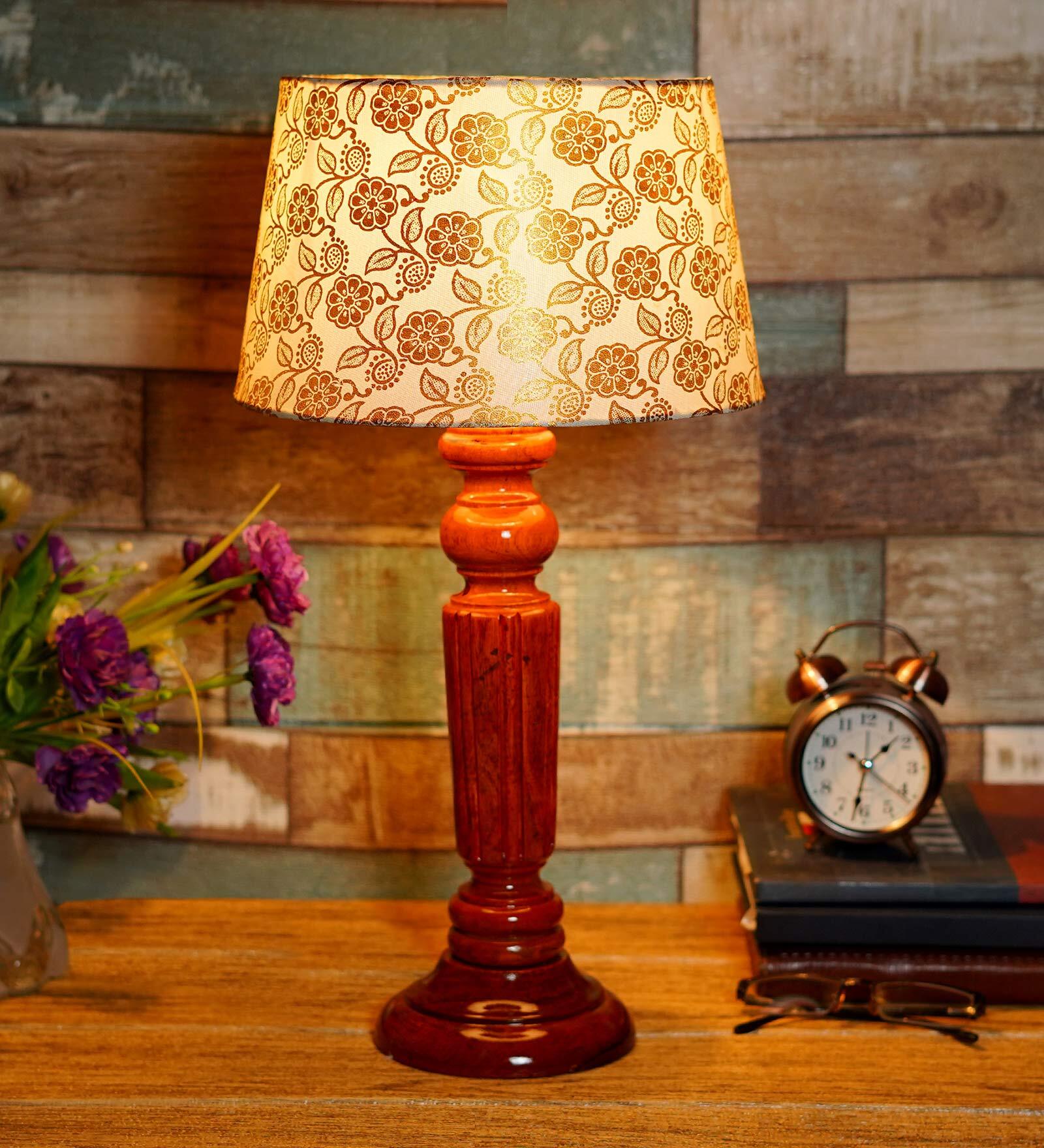 Modern Beige Fabric Shade Night Lamp With Wood Base