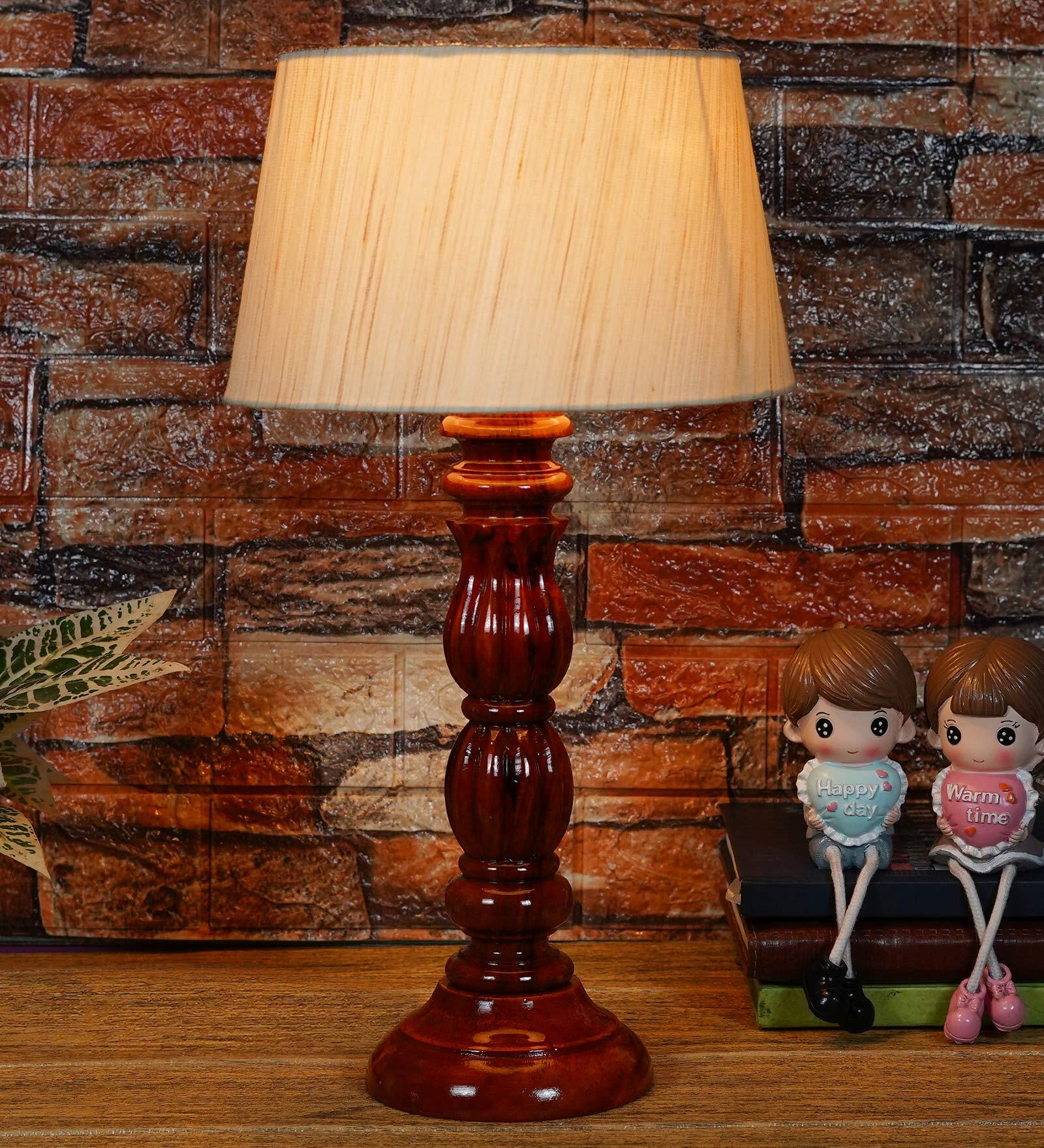 Naeva Beige Fabric Shade Night Lamp With Wood Base