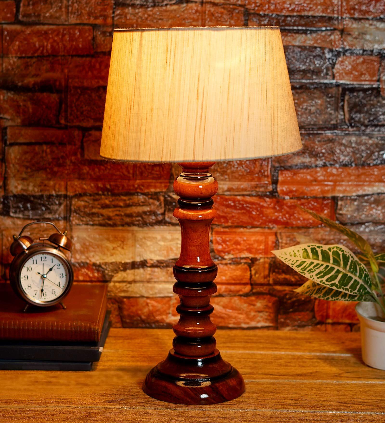 Chicago Beige Fabric Shade Night Lamp With Wood Base