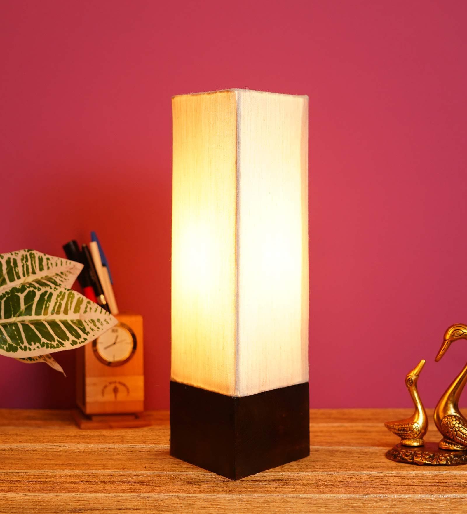 Sloping Beige Fabric Shade Table Lamp With Wood Base