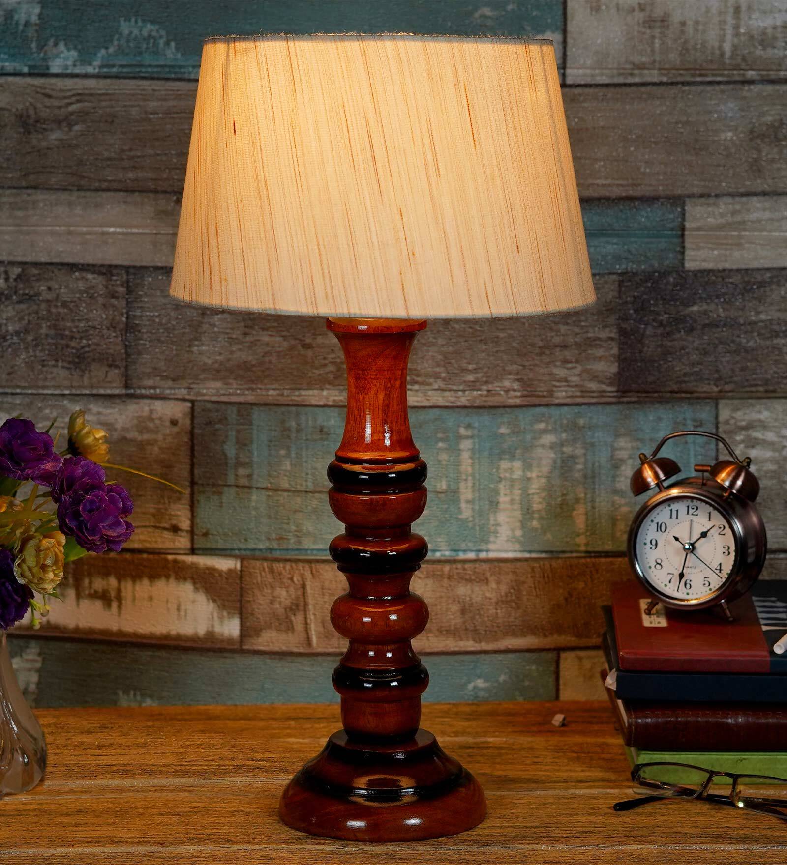Fondi Beige Fabric Shade Night Lamp With Wood Base