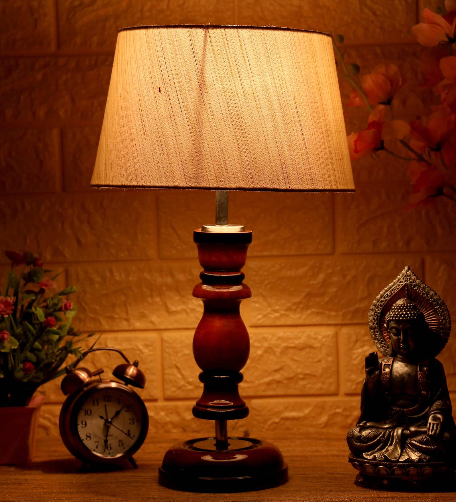 Durham Beige Fabric Shade Night Lamp With Wood Base