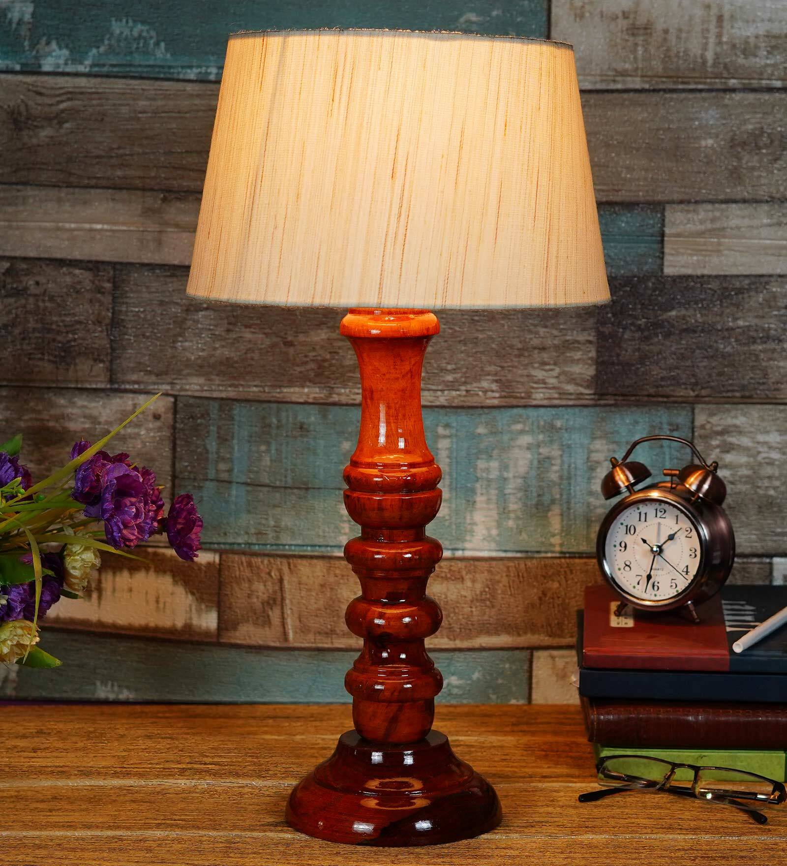 Venice Beige Fabric Shade Night Lamp With Wood Base