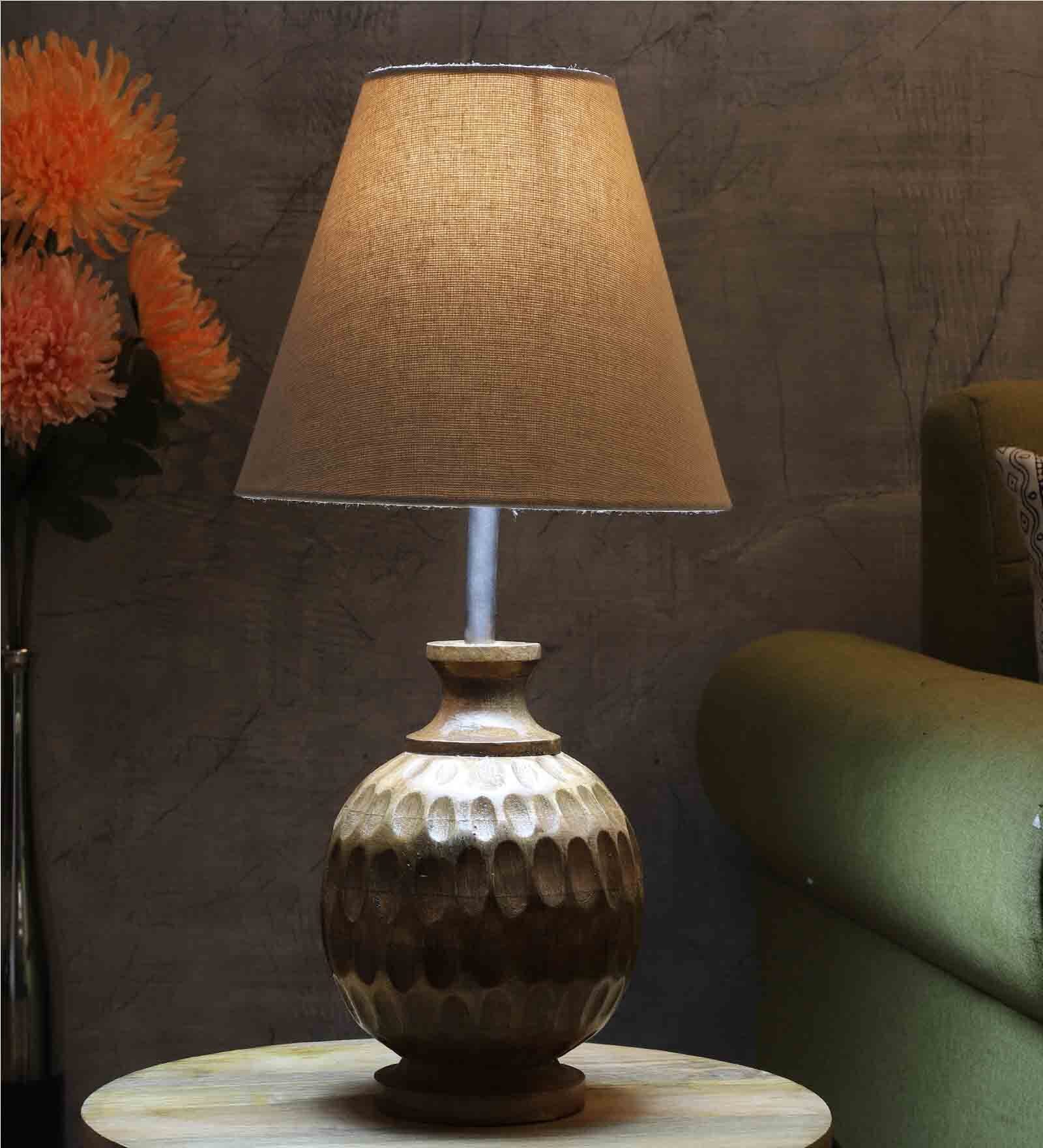 Flamingo Beige Fabric Shade Night Lamp With Wood Base