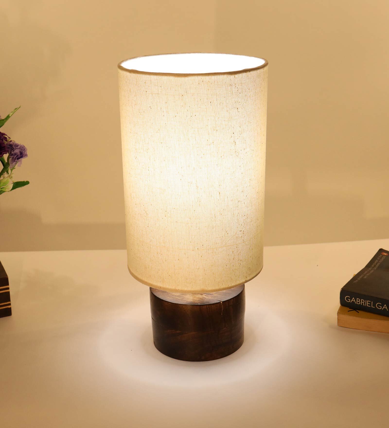 Beige Shade Table Lamp With Wooden Base
