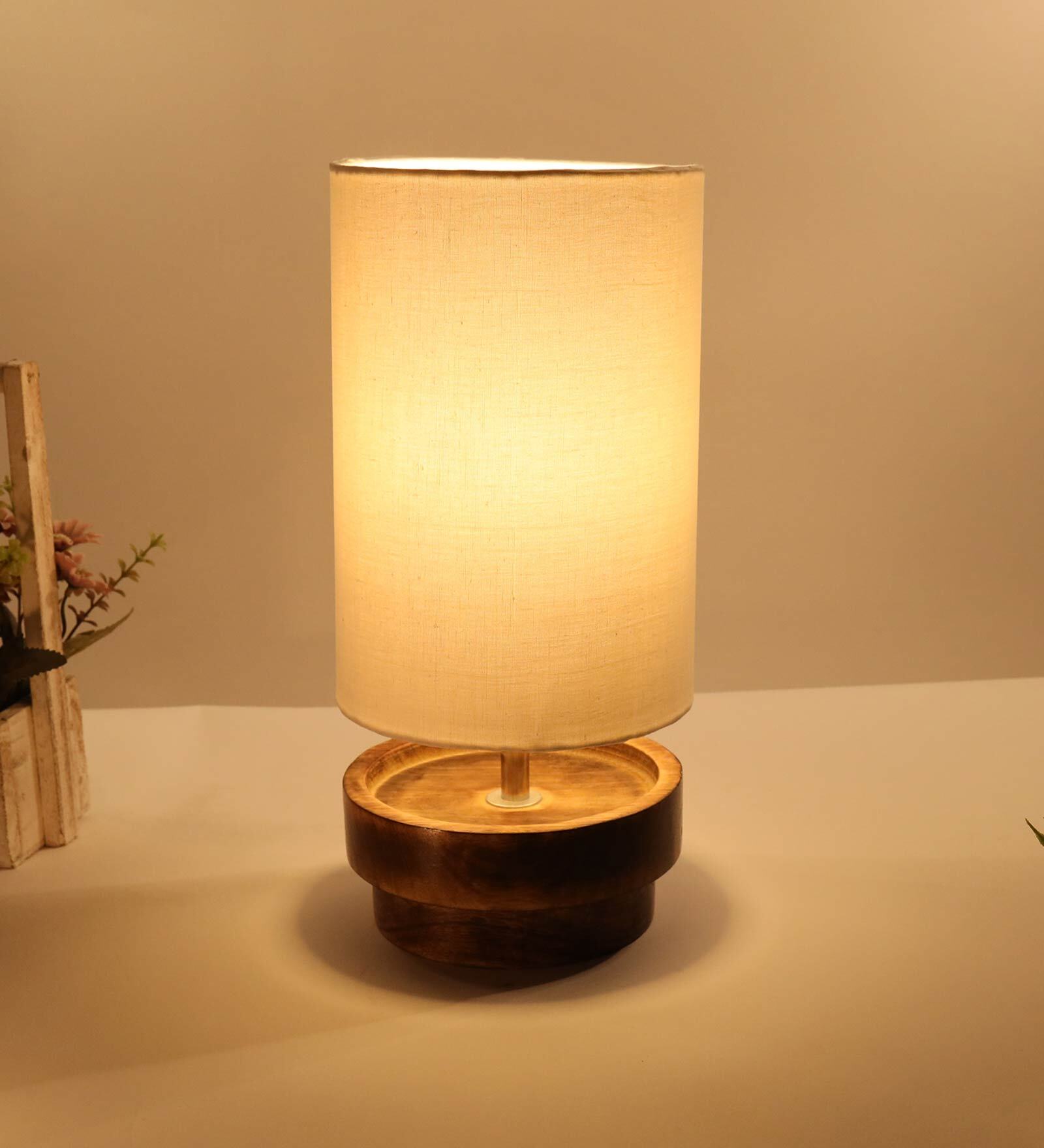 Patrice Beige Cotton Shade Table Lamp With Wood Base