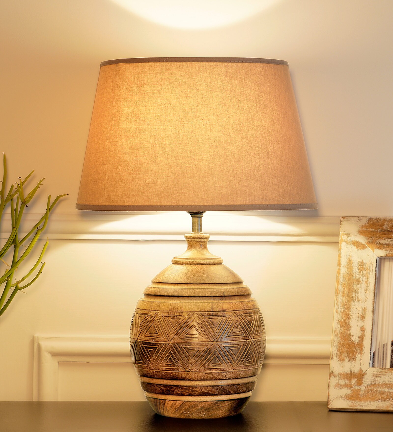 Buy Otto Beige Cottan Fabric Shade Night Lamp With Wood Base at 69% OFF ...