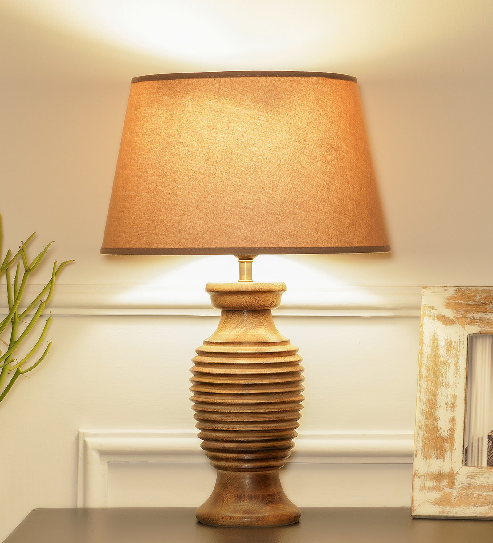 Buy Mackay Beige Cottan Fabric Shade Table Lamp With Wood Base by ...