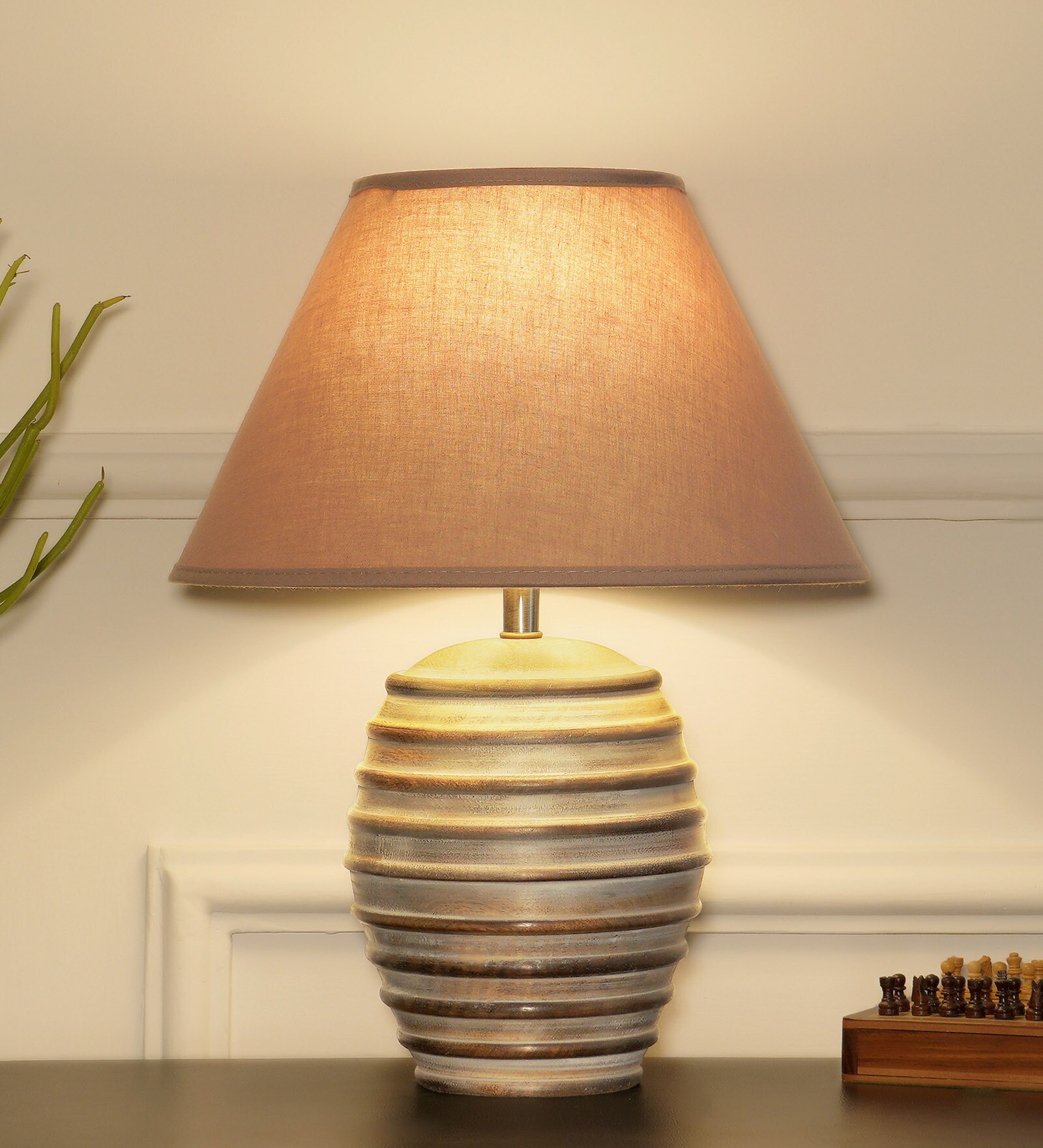 Gilford Beige Cottan Fabric Shade Night Lamp With Wood Base