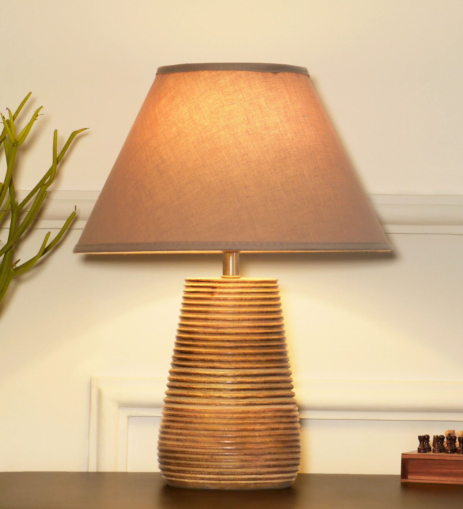 Buy Imprisoned Beige Cottan Fabric Shade Night Lamp With Wood Base at ...
