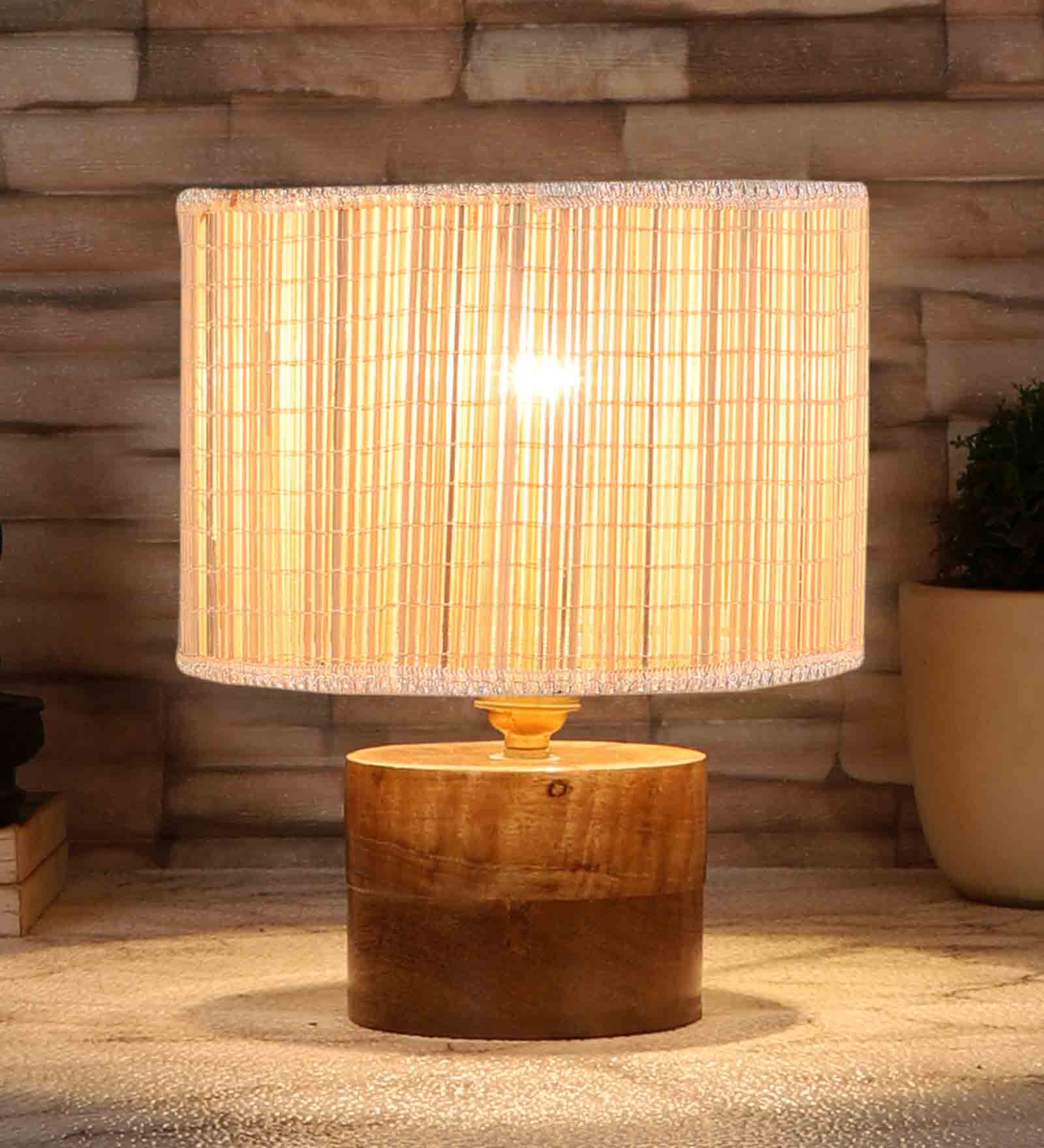 Beige Shade Table Lamp With Wood Base