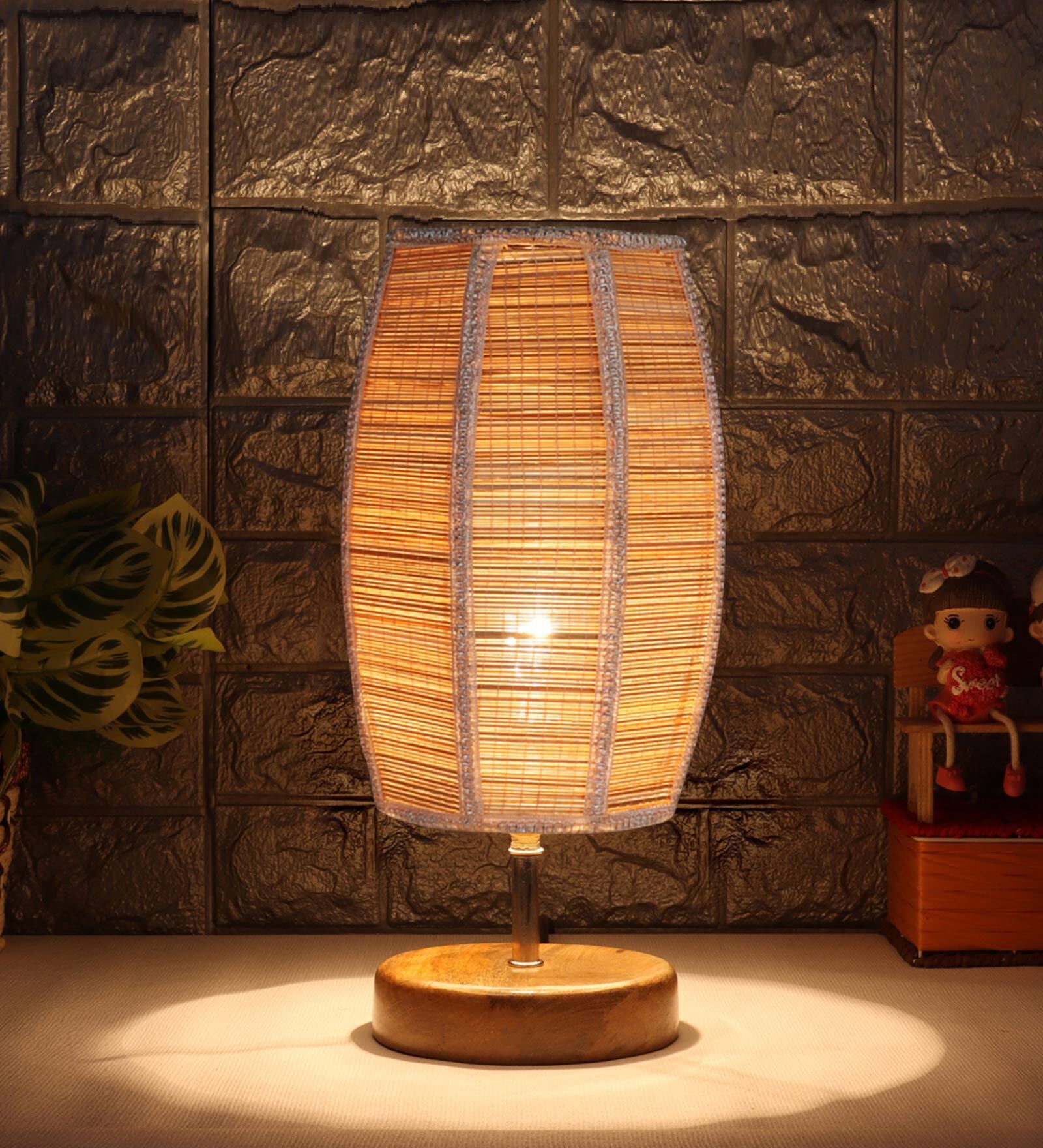 Poulsen Beige Bamboo Shade Table Lamp With Wood Base