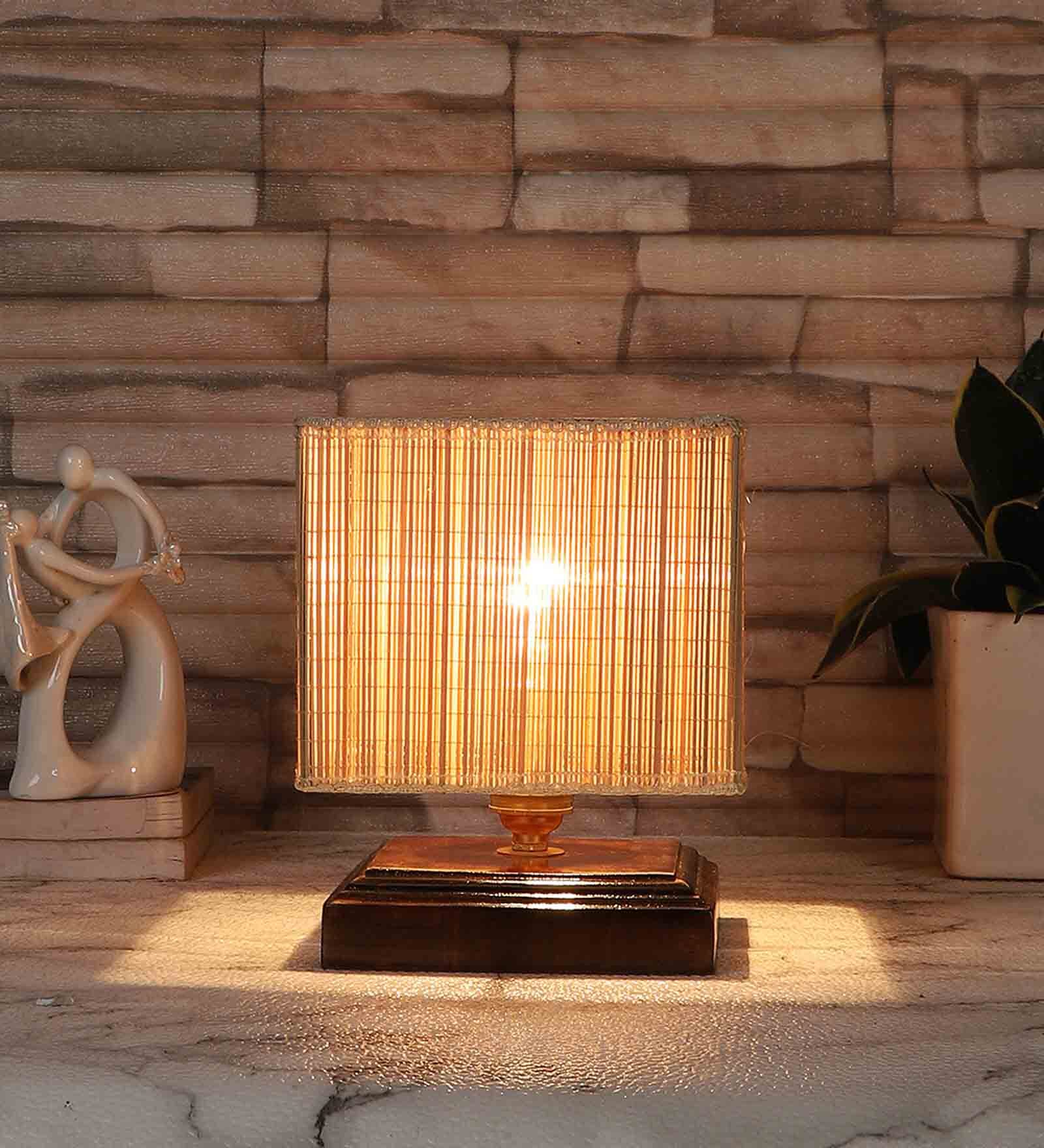 Pisa Beige Bamboo Shade Night Lamp With Wood Base