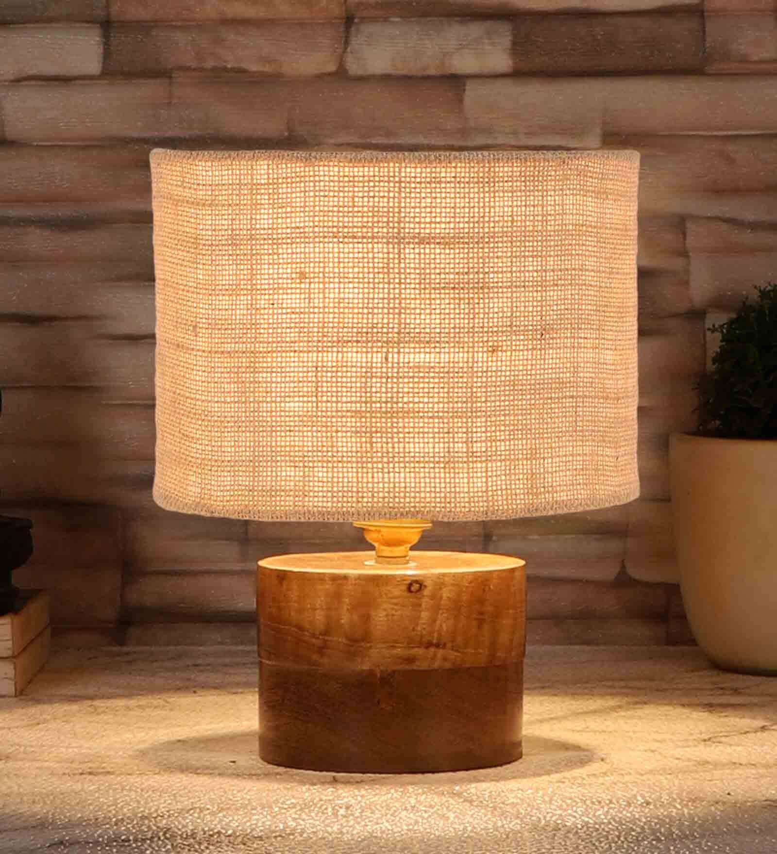 Beige Shade Table Lamp With Wood Base