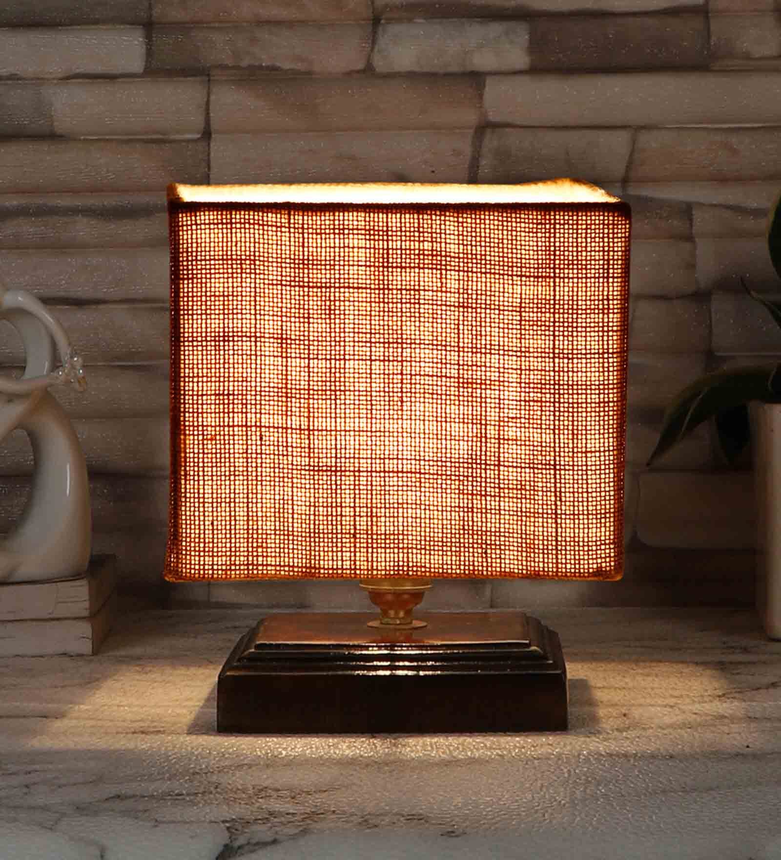 Beige Shade Table Lamp With Wood Base