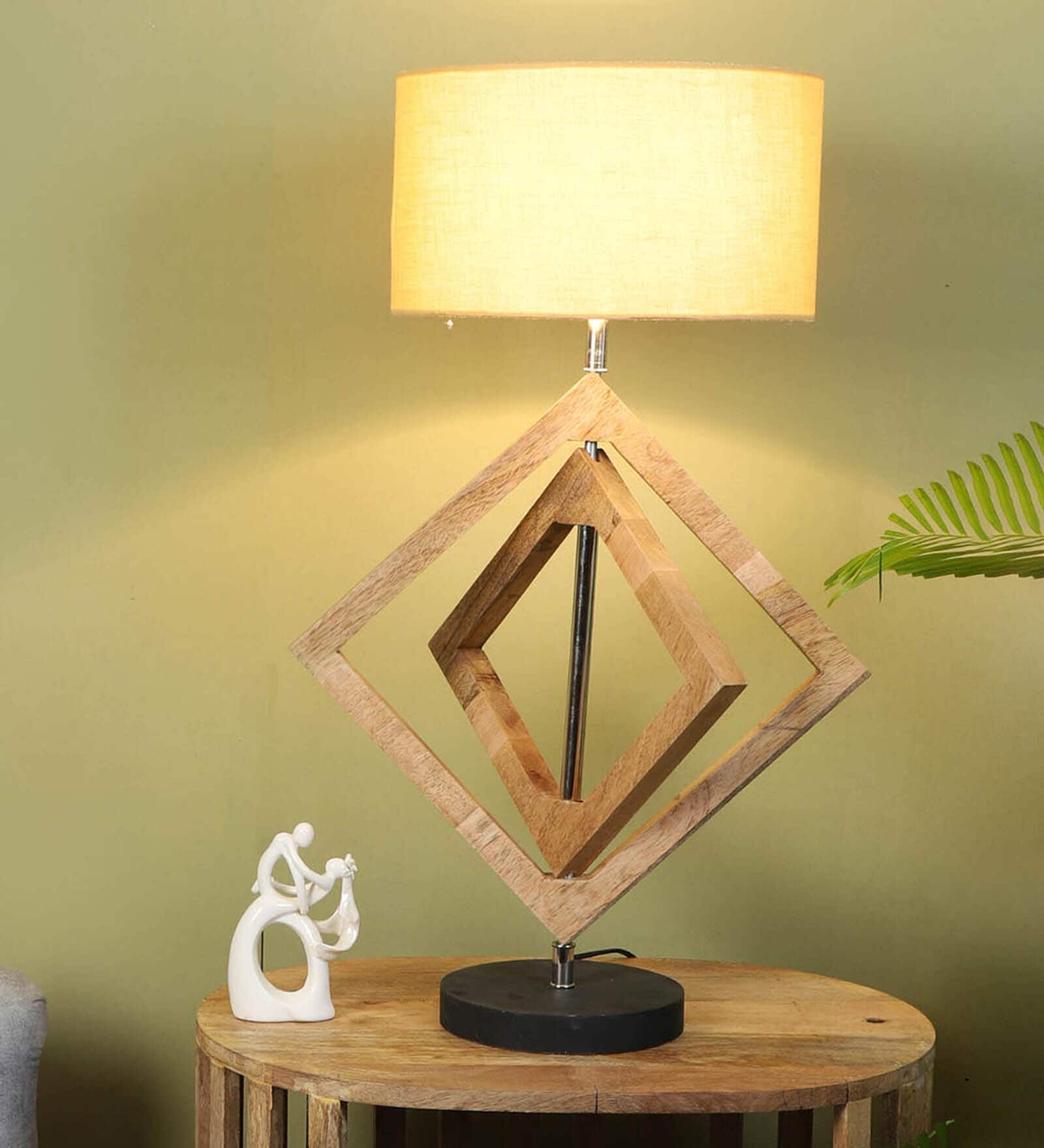 Beige Shade Table Lamp With Wood Base