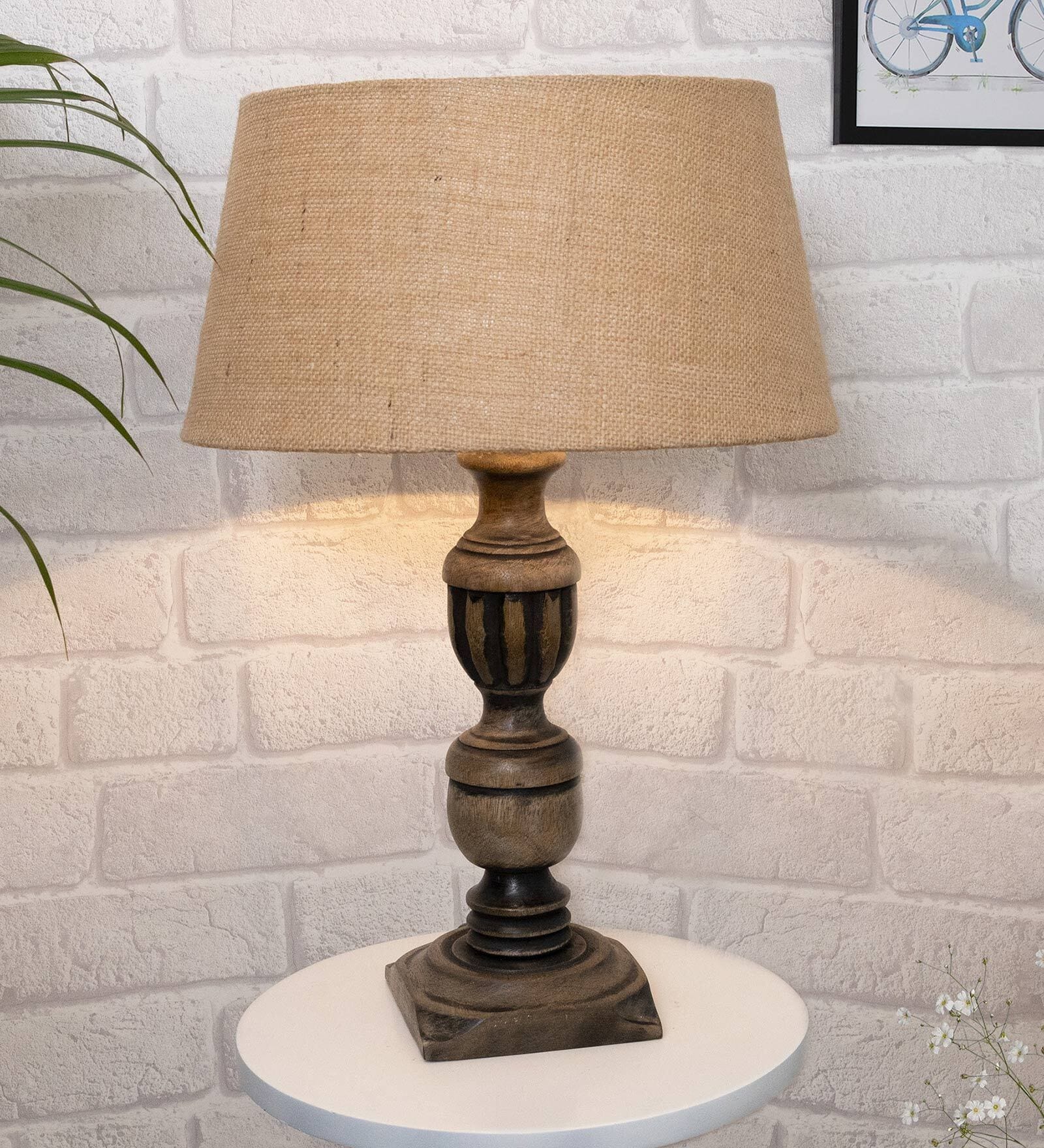Beige Shade Table Lamp With Wooden Base
