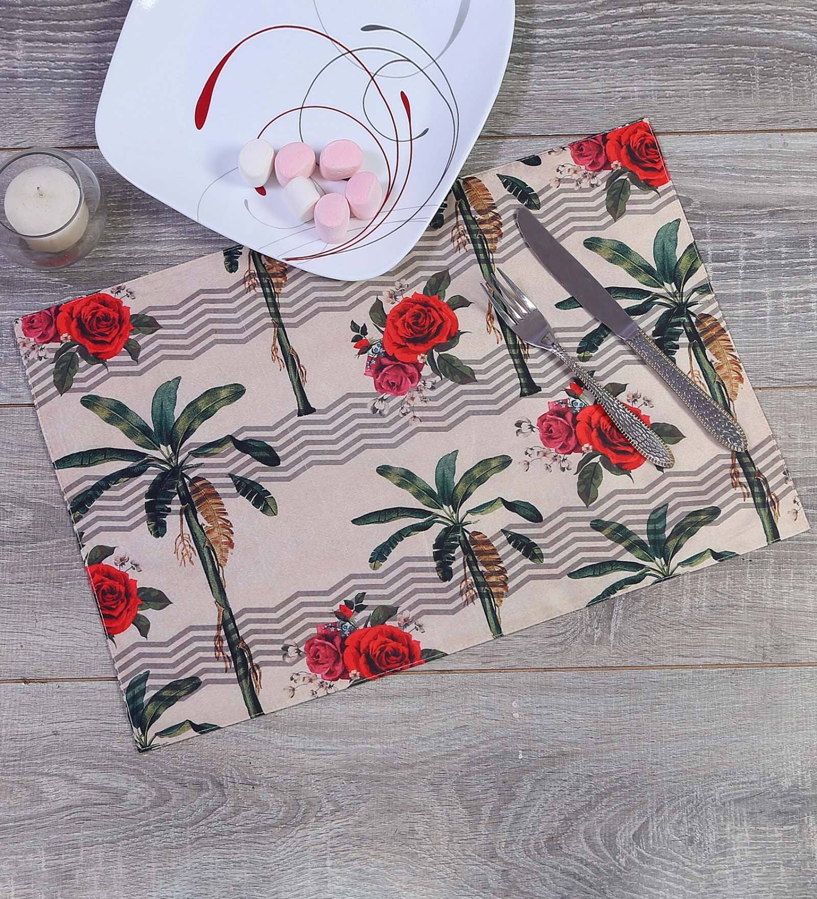 Floral (19x14) Beige & Red Silk (Set of 6) Placemat