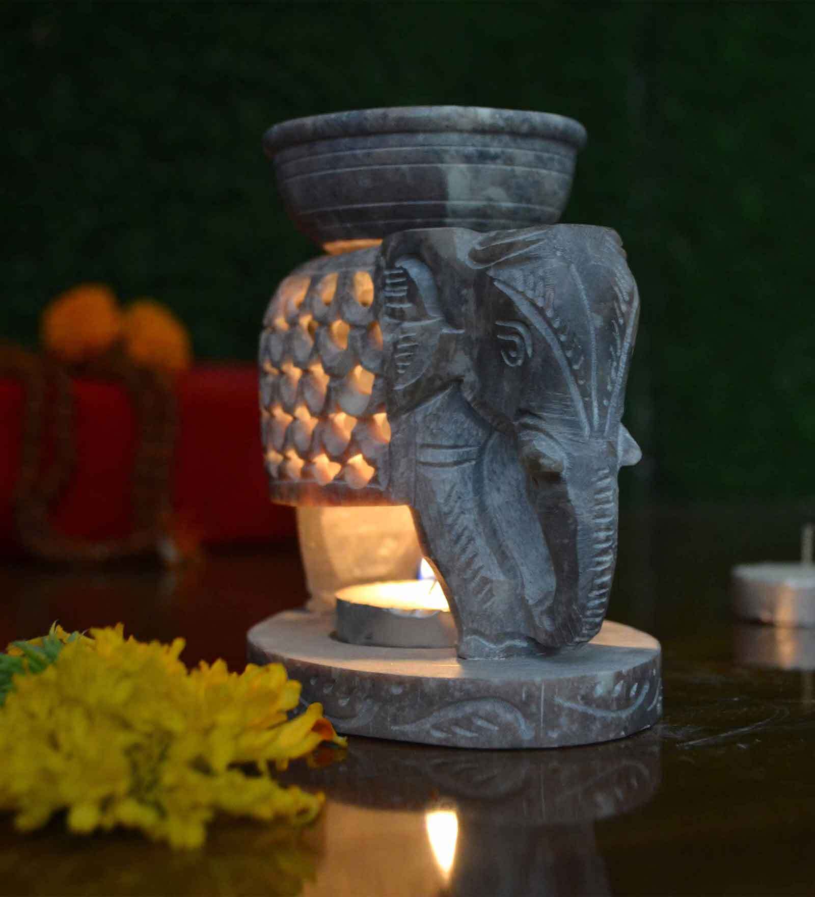 Beige Soapstone Elephant Oil Diffuser with Essential Oil