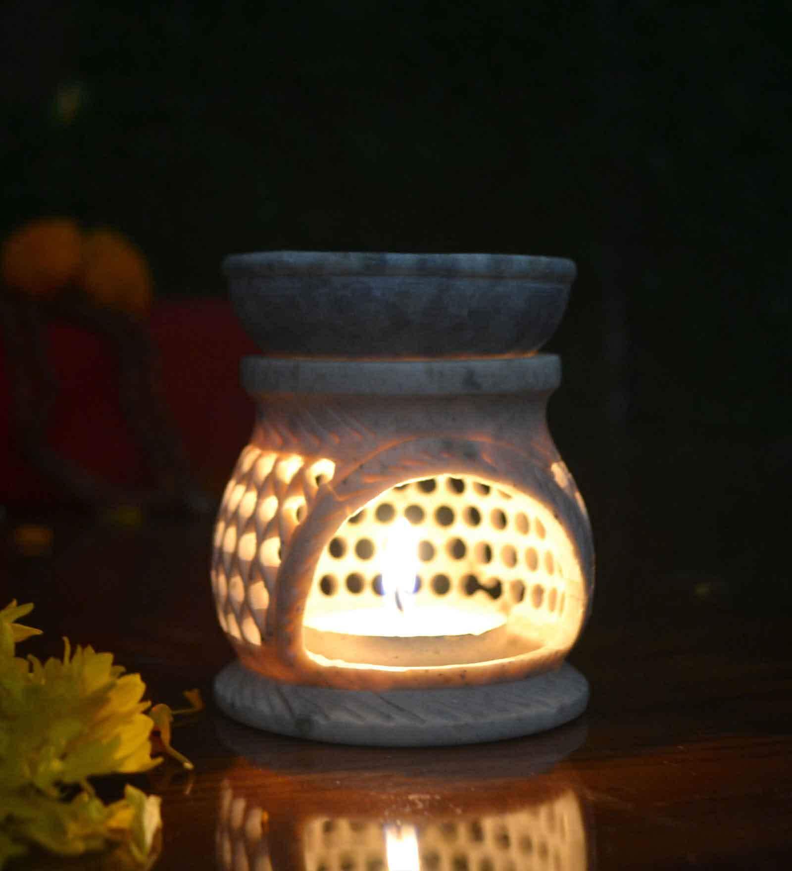 Beige Soapstone Jali Oil Diffuser with Essential Oil
