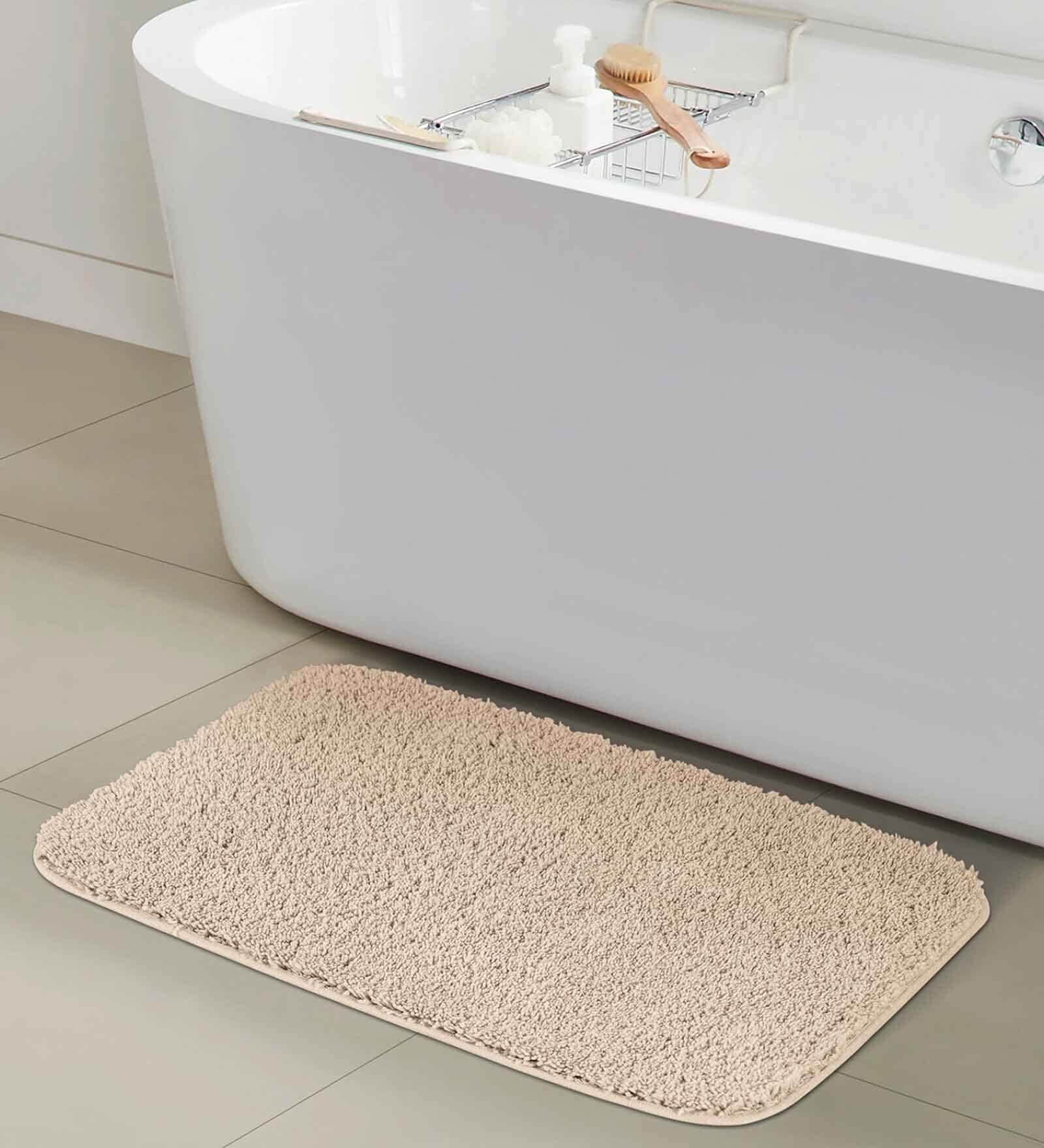 Beige Solid Polyester 24x16 Inches AntiSkid Bath Mat