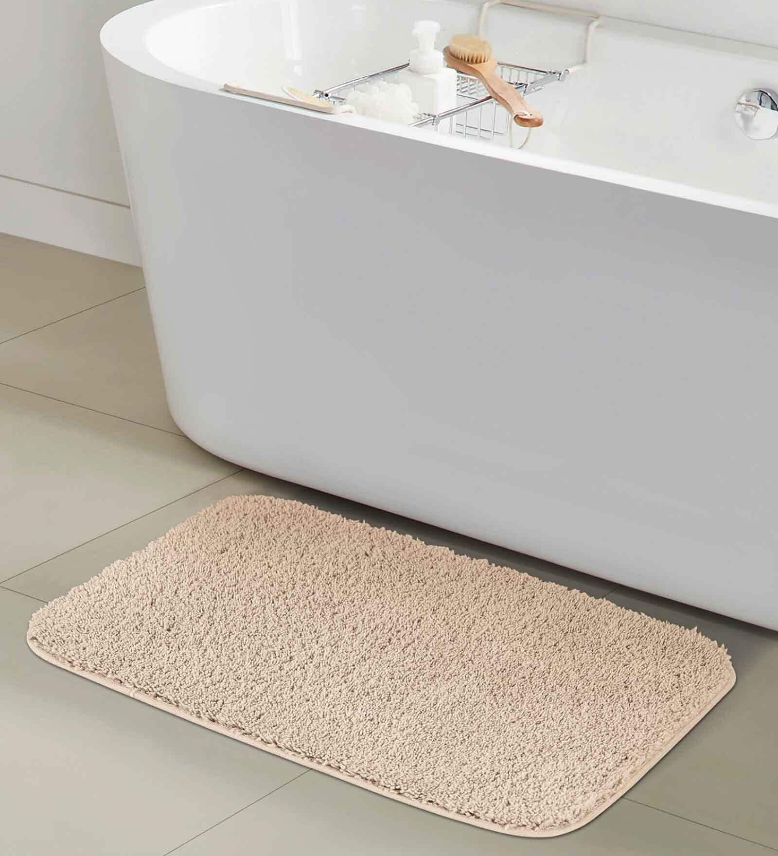 Beige Shaggy Polyester 28x20 Inches AntiSkid Bath Mat