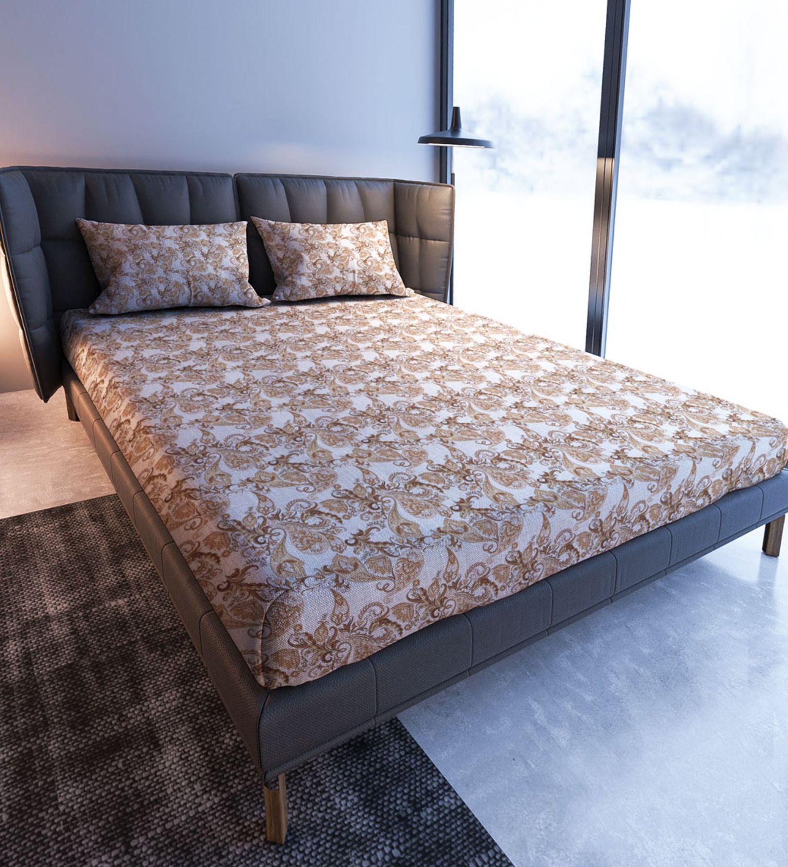 Beige Floral  TC Cotton Super King Bedsheet with 2 Pillow Covers