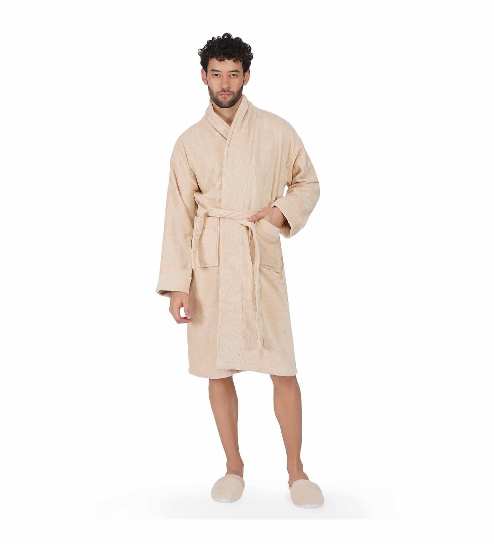 Beige Solid 100% Cotton Men Bathrobe With Slippers (XL)