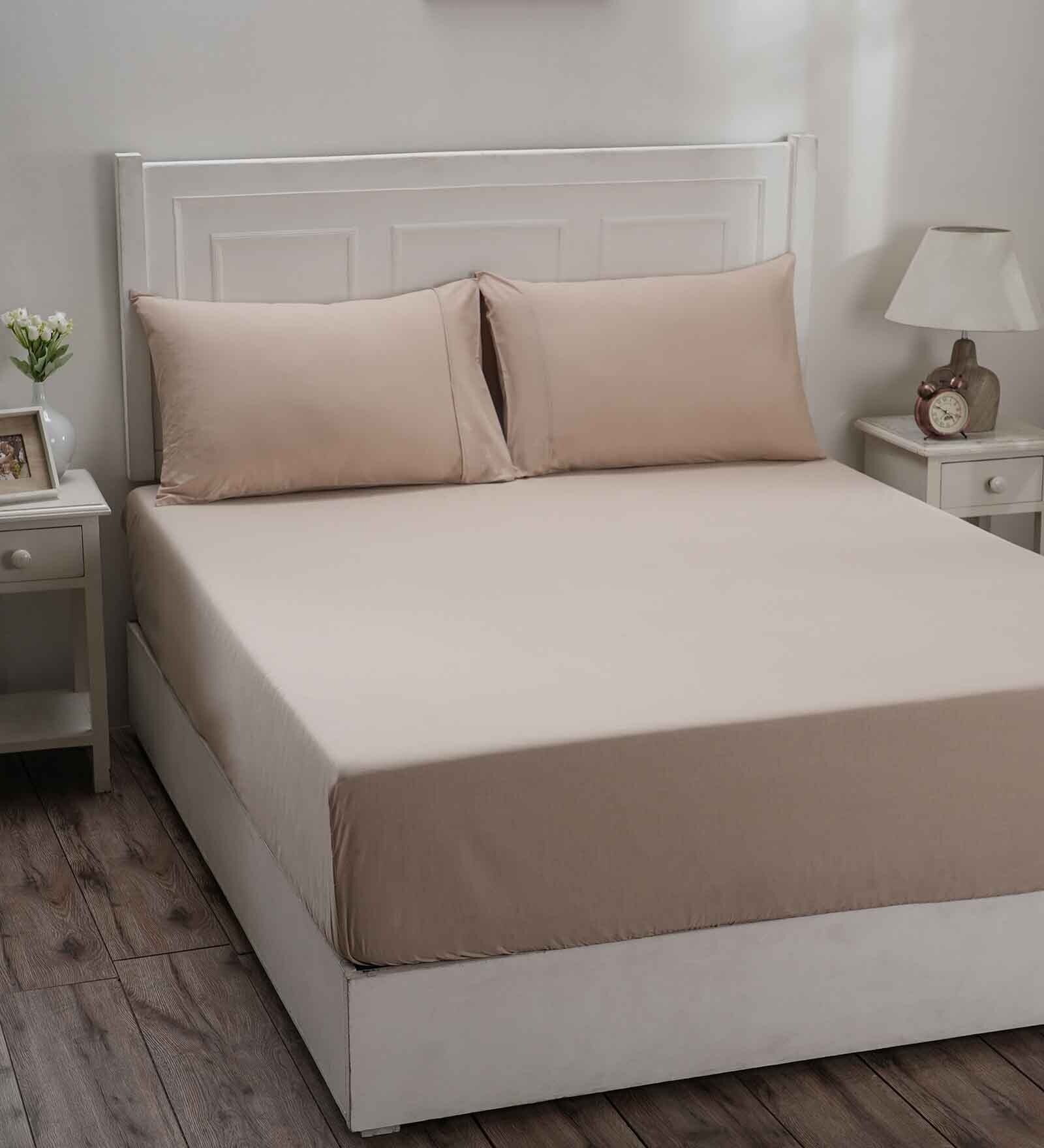 Beige Solid 144 TC 100% Cotton Double Bedsheet with 2 Pillow Covers