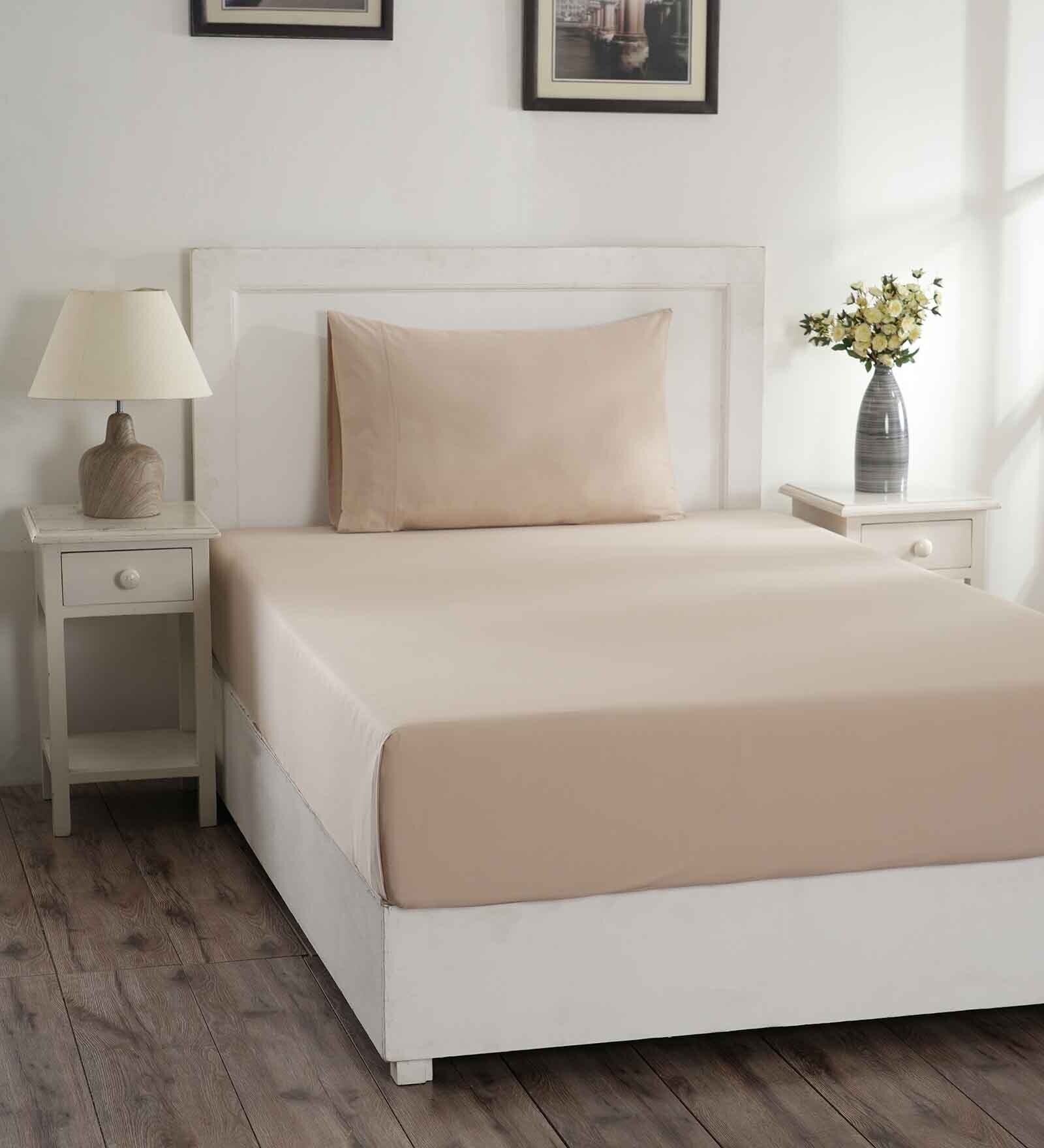 Beige Solid 144 TC 100% Cotton  Single Bedsheet with 1 Pillow Cover