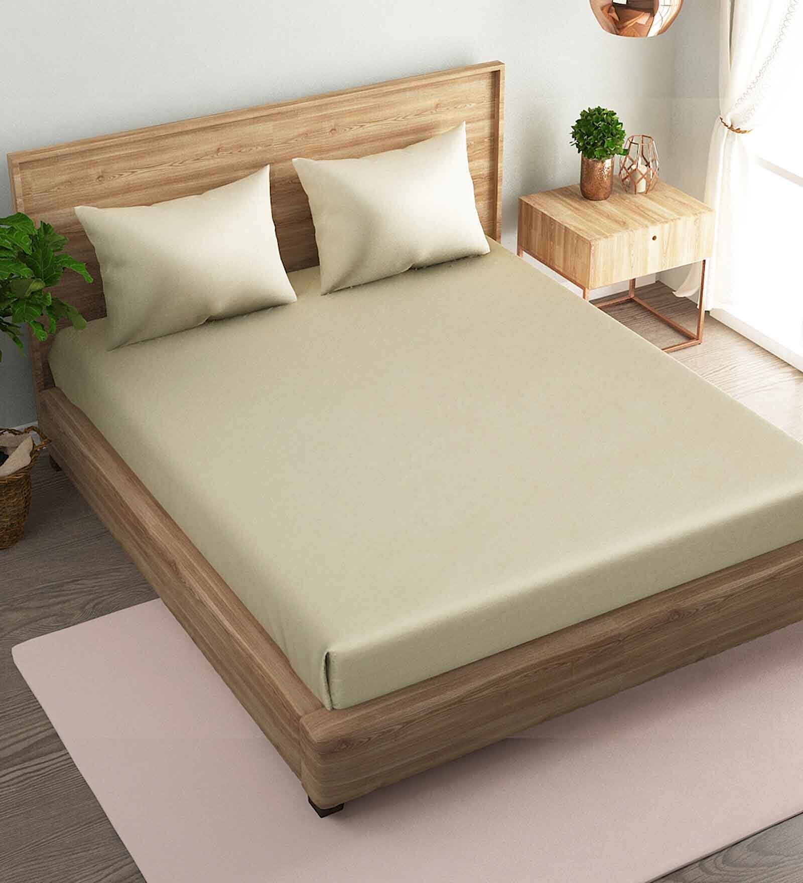 Beige Solid 210 TC Cotton Fitted King Size Bedsheet With 2 Pillow Covers