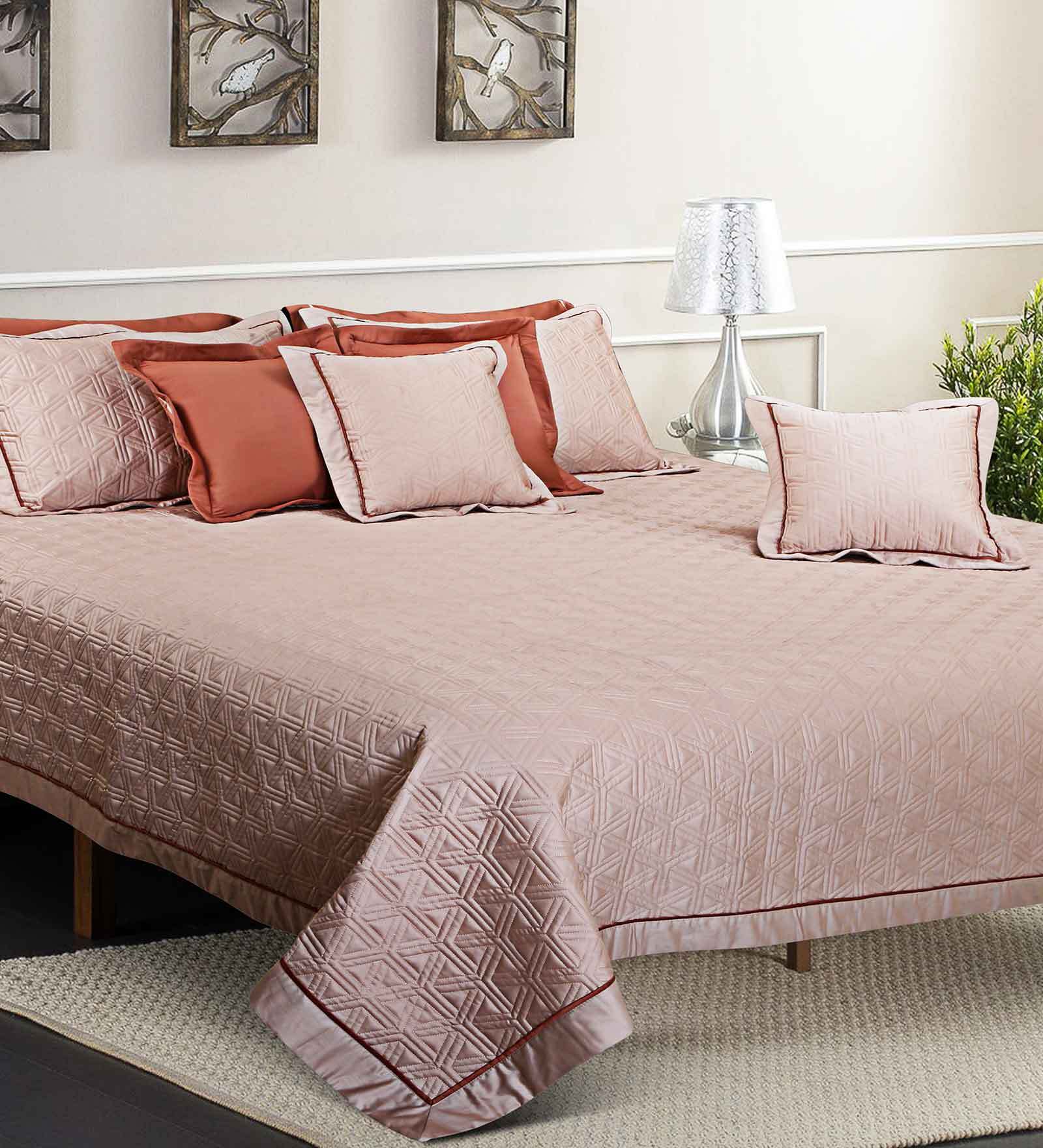 Beige Solid 300 TC Cotton Quilted Double Bed Cover with 2 Pillow Covers & 2 Cushion Covers with Filler Kairo Collection
