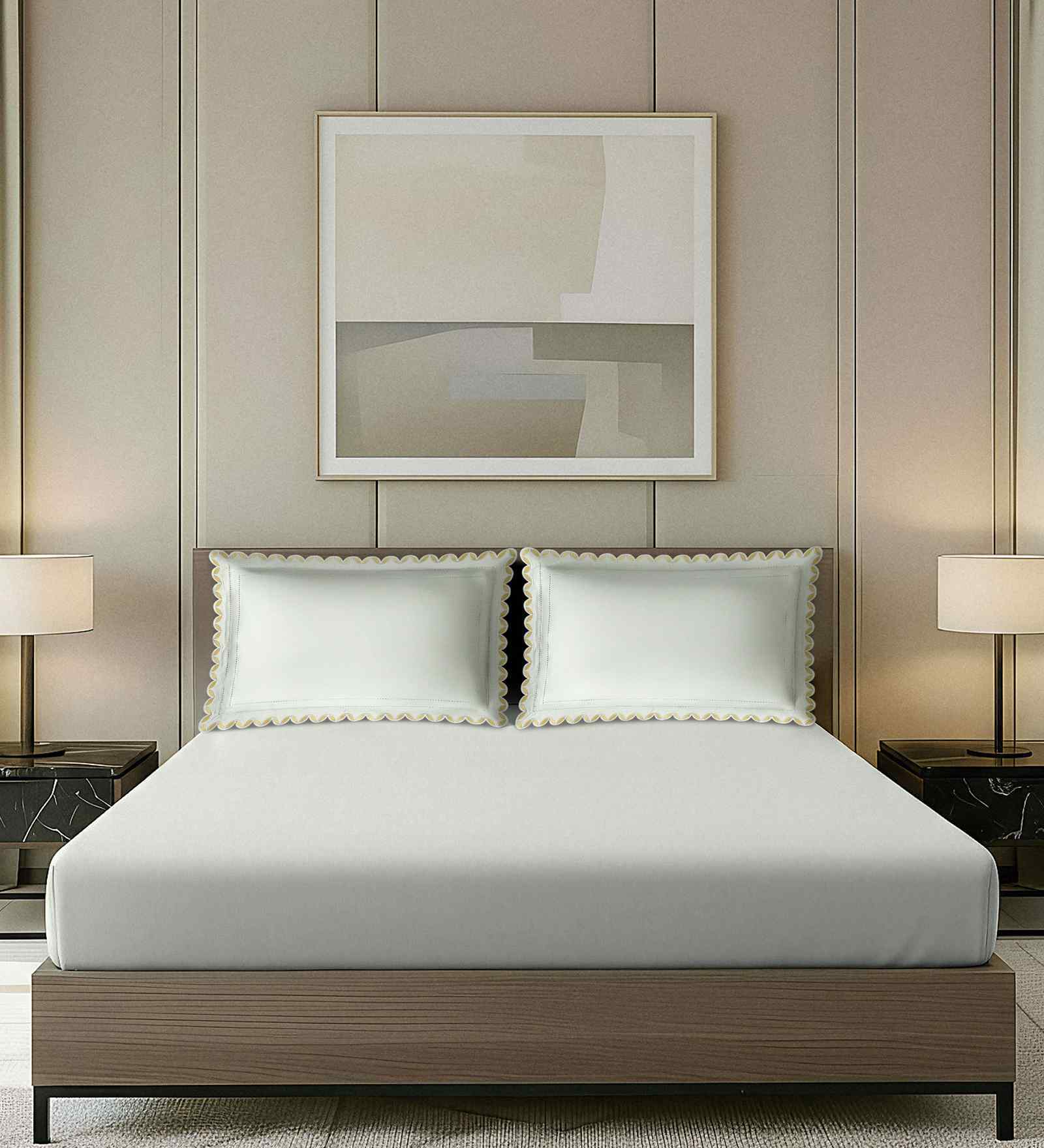 Beige Solid Beige With Floral Embroidery 1000 TC Cotton King Double Bedsheet With 2 Pillow Covers