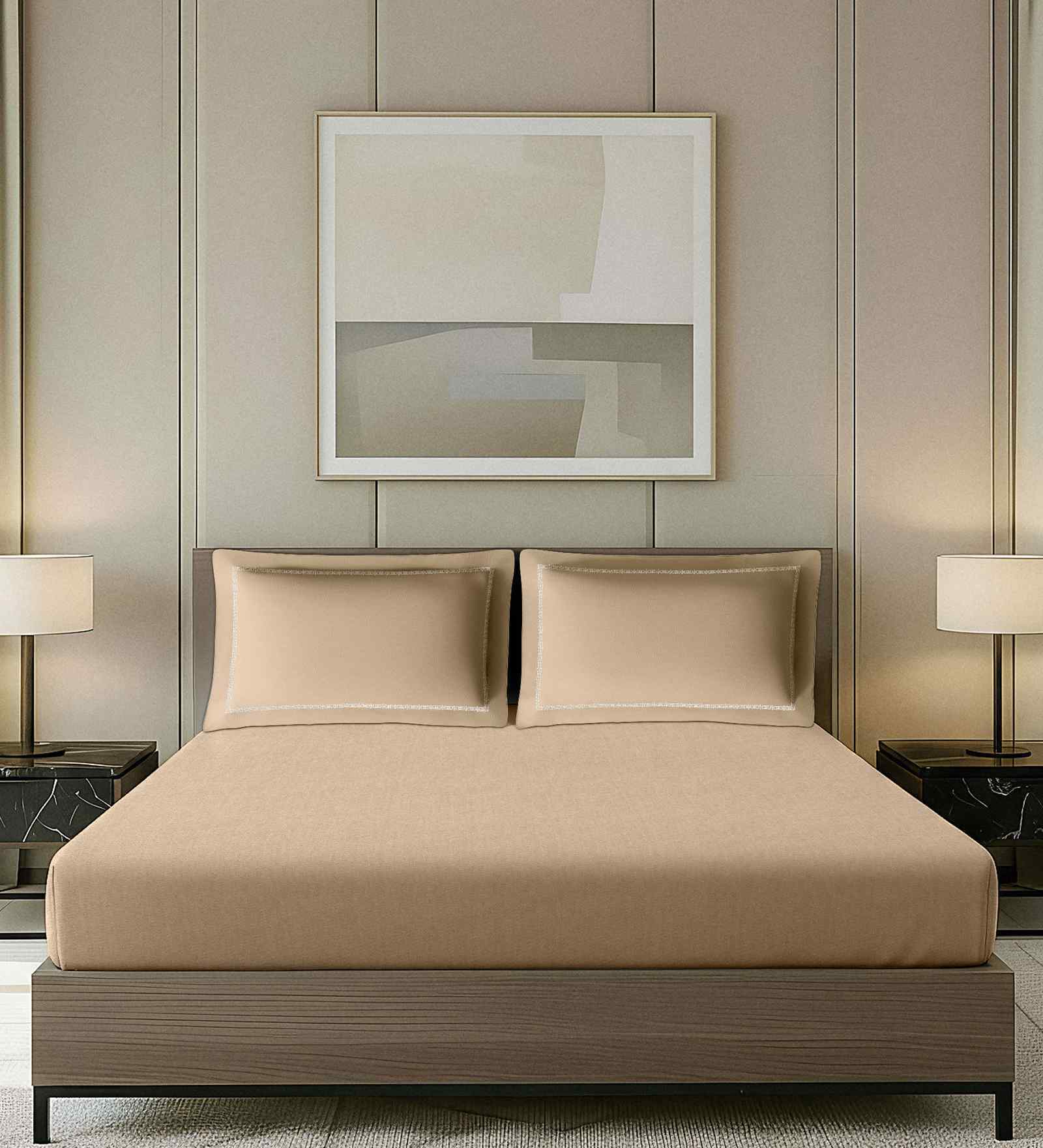 Beige Solid Beige With Geometric Embroidery 1400 TC Cotton King Double Bedsheet With 2 Pillow Covers