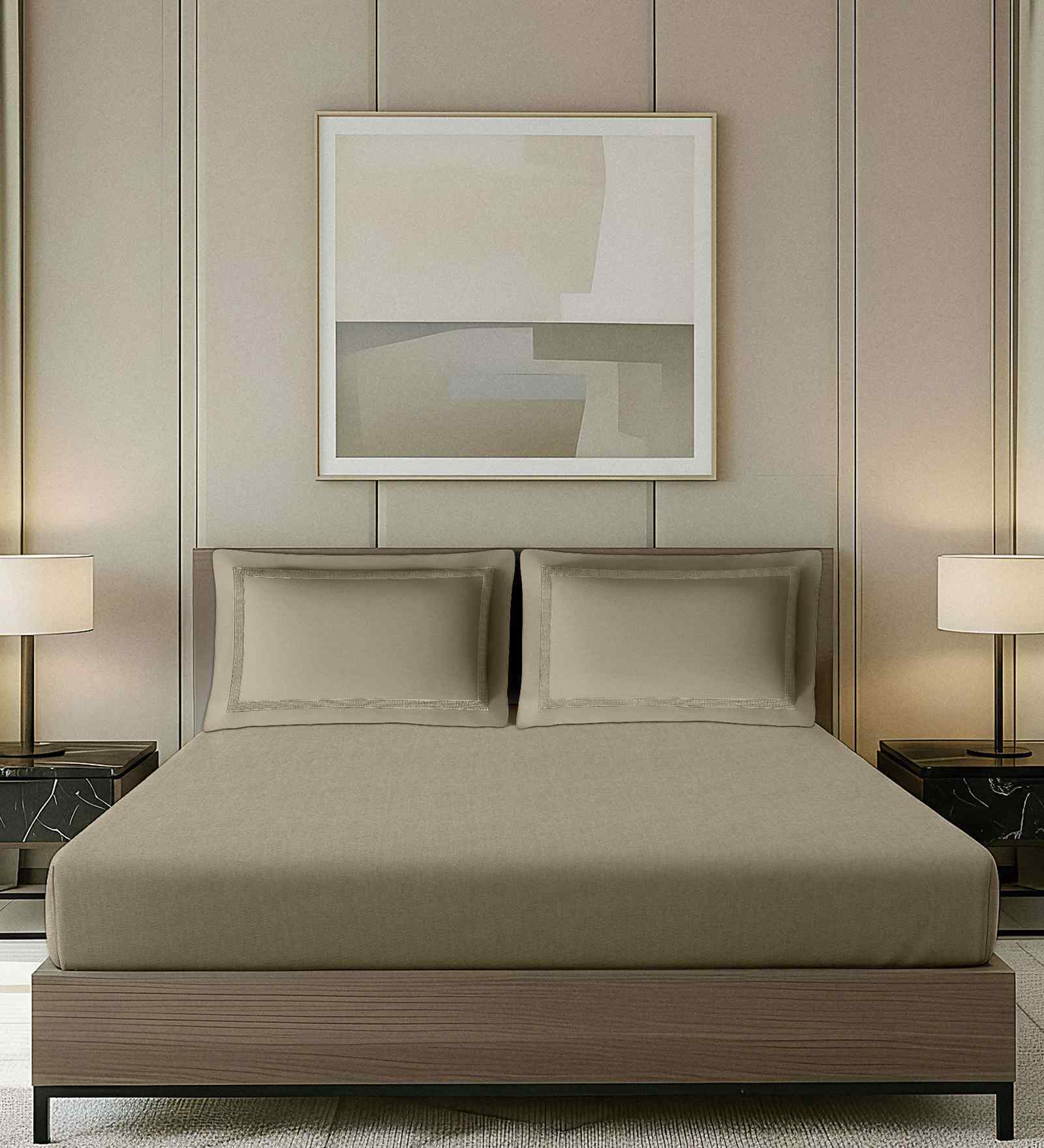 Beige Solid Beige With Geometric Embroidery 700 TC Cotton King Double Bedsheet With 2 Pillow Covers