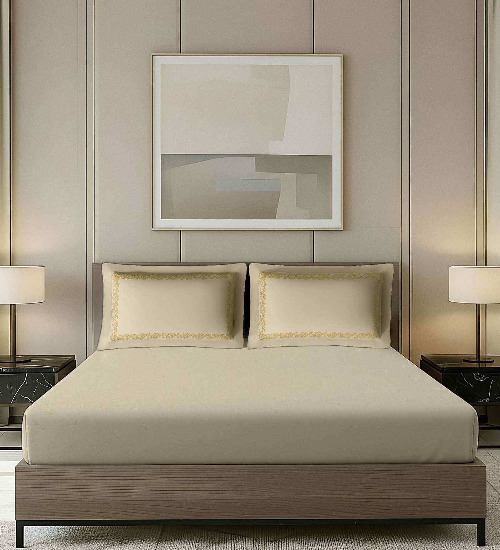 Beige Solid Beige With Scallop Border 1000 TC Cotton King Double Bedsheet With 2 Pillow Covers