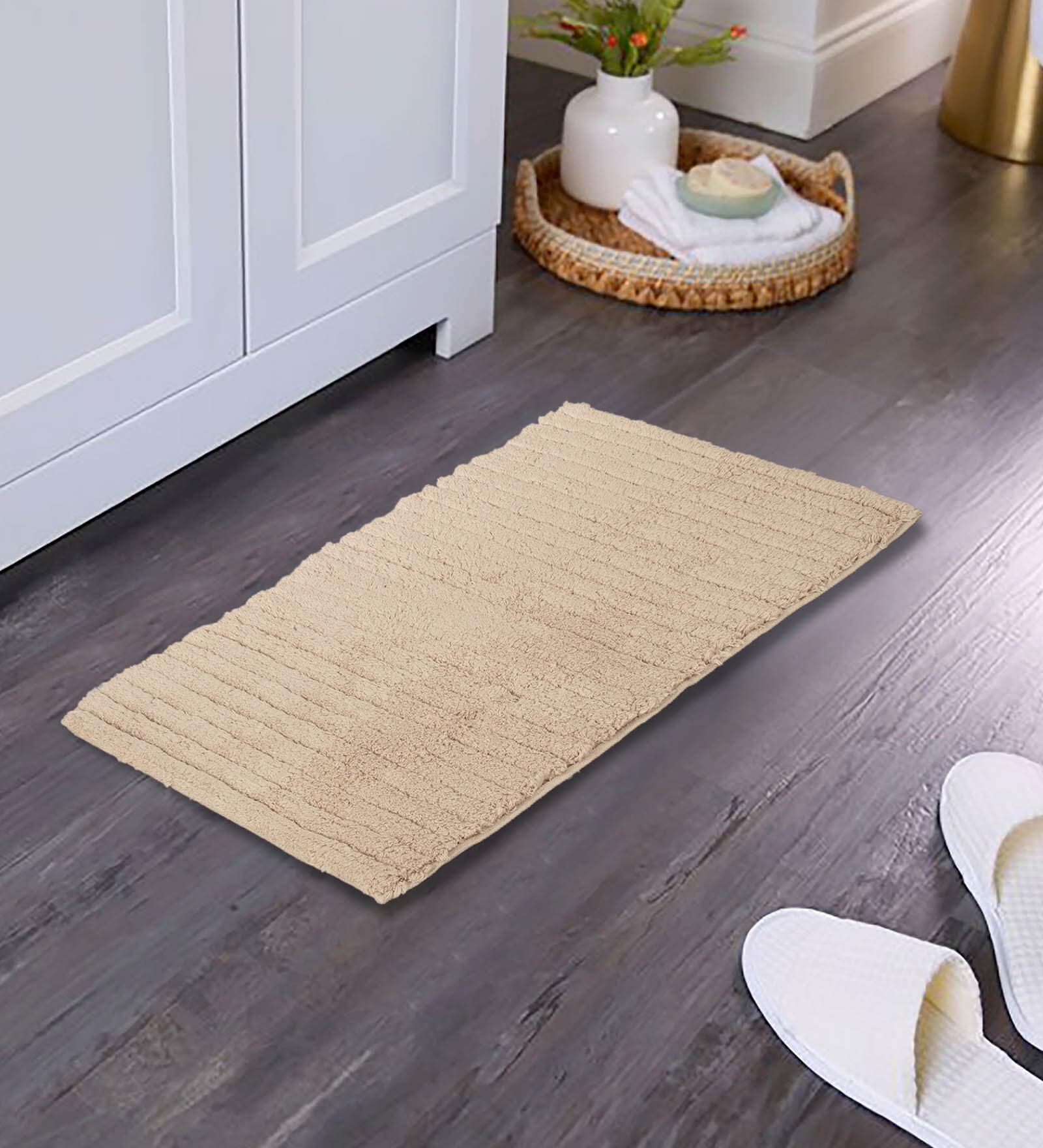 Beige Solid Cotton 24x16 Inches AntiSkid Bath Mat