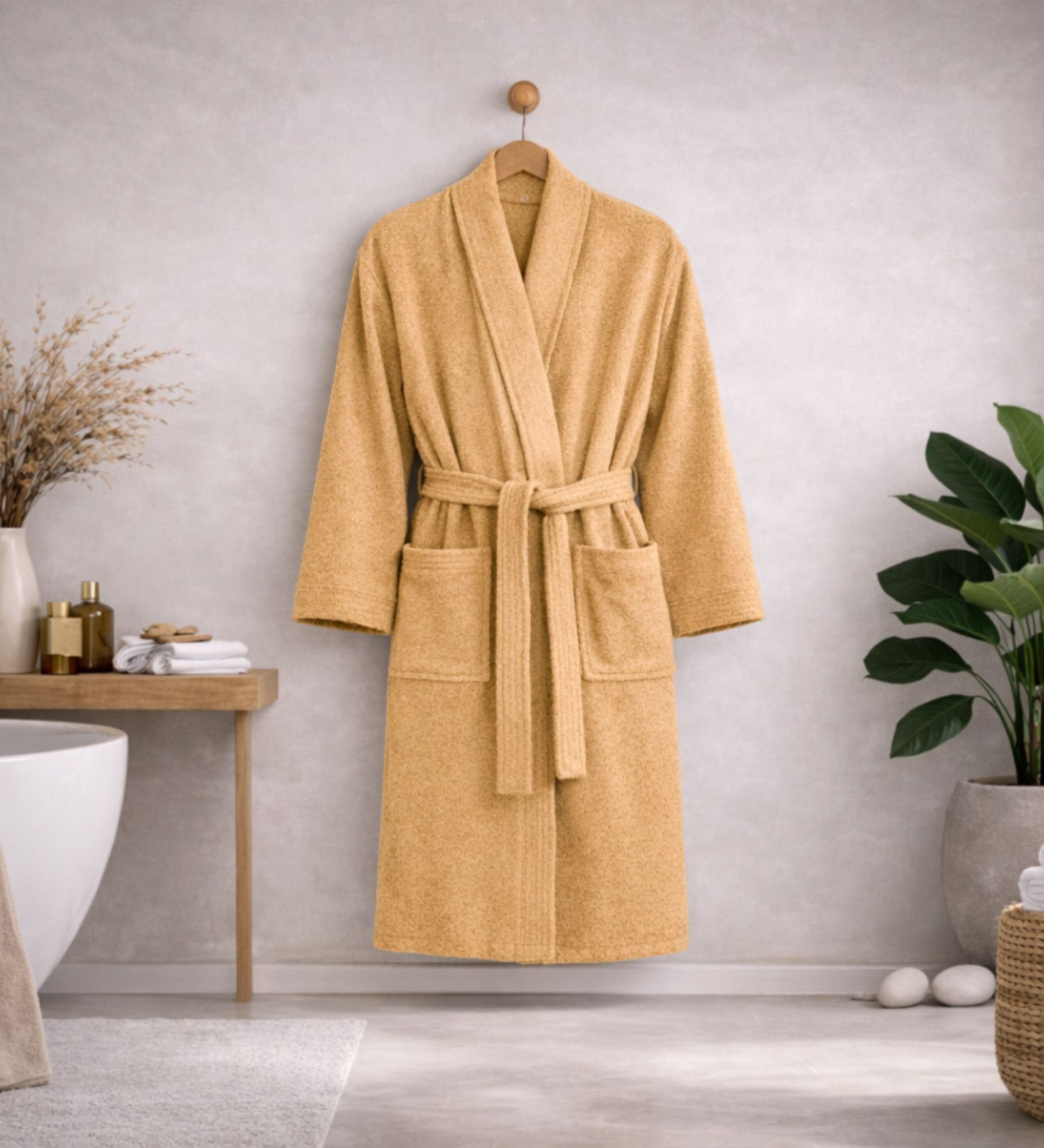 Beige Solid Cotton Men Bath Robe With Belt (L)