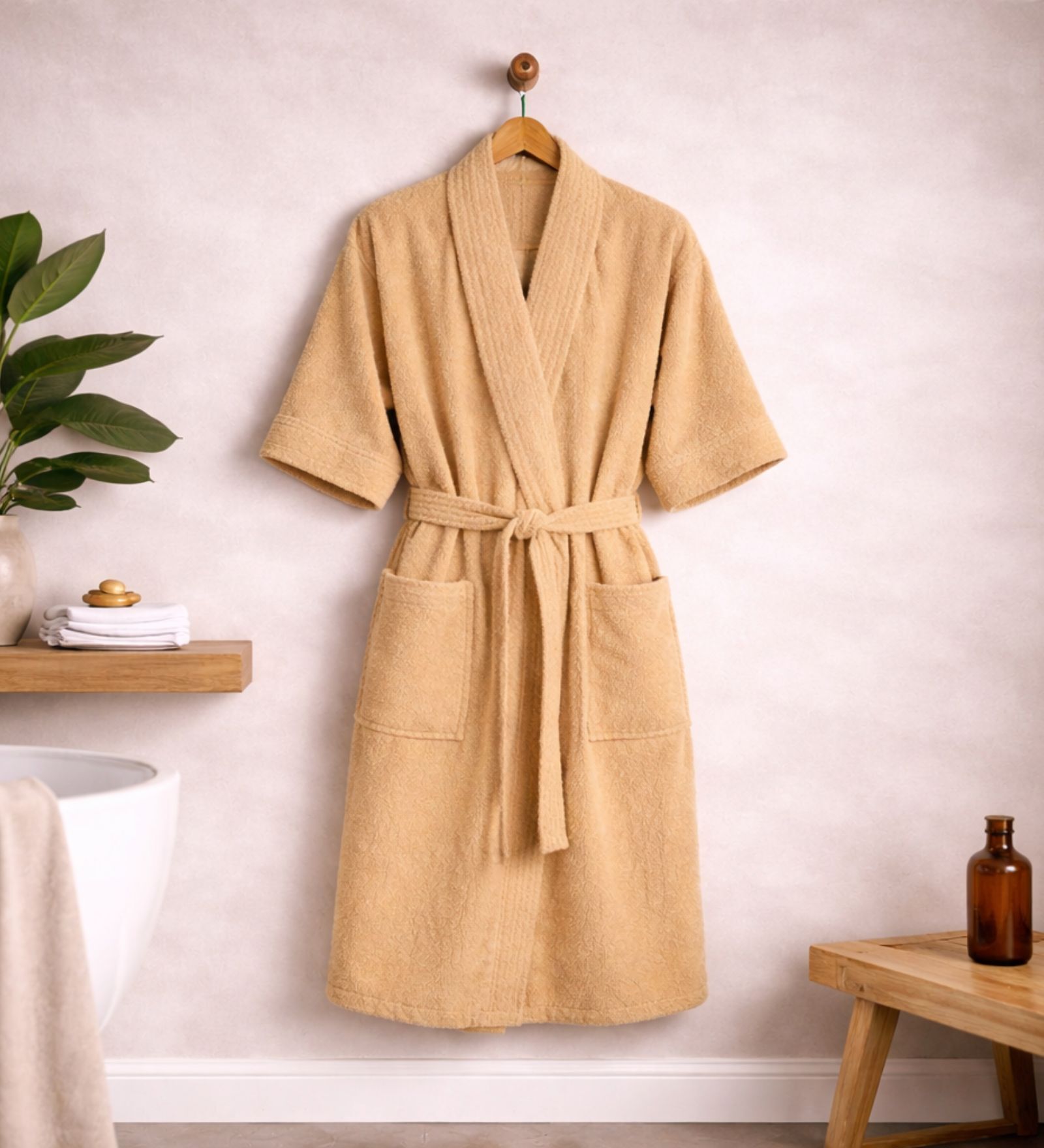 Beige Solid Cotton Women Bath Robe With Belt (S)