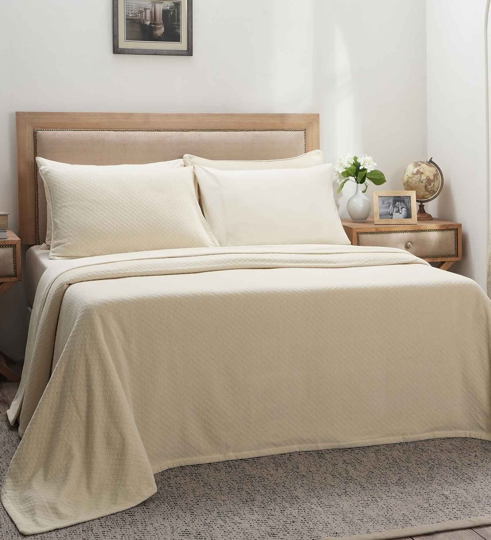 Beige Solid GSM 320 Cotton Double Bed Cover