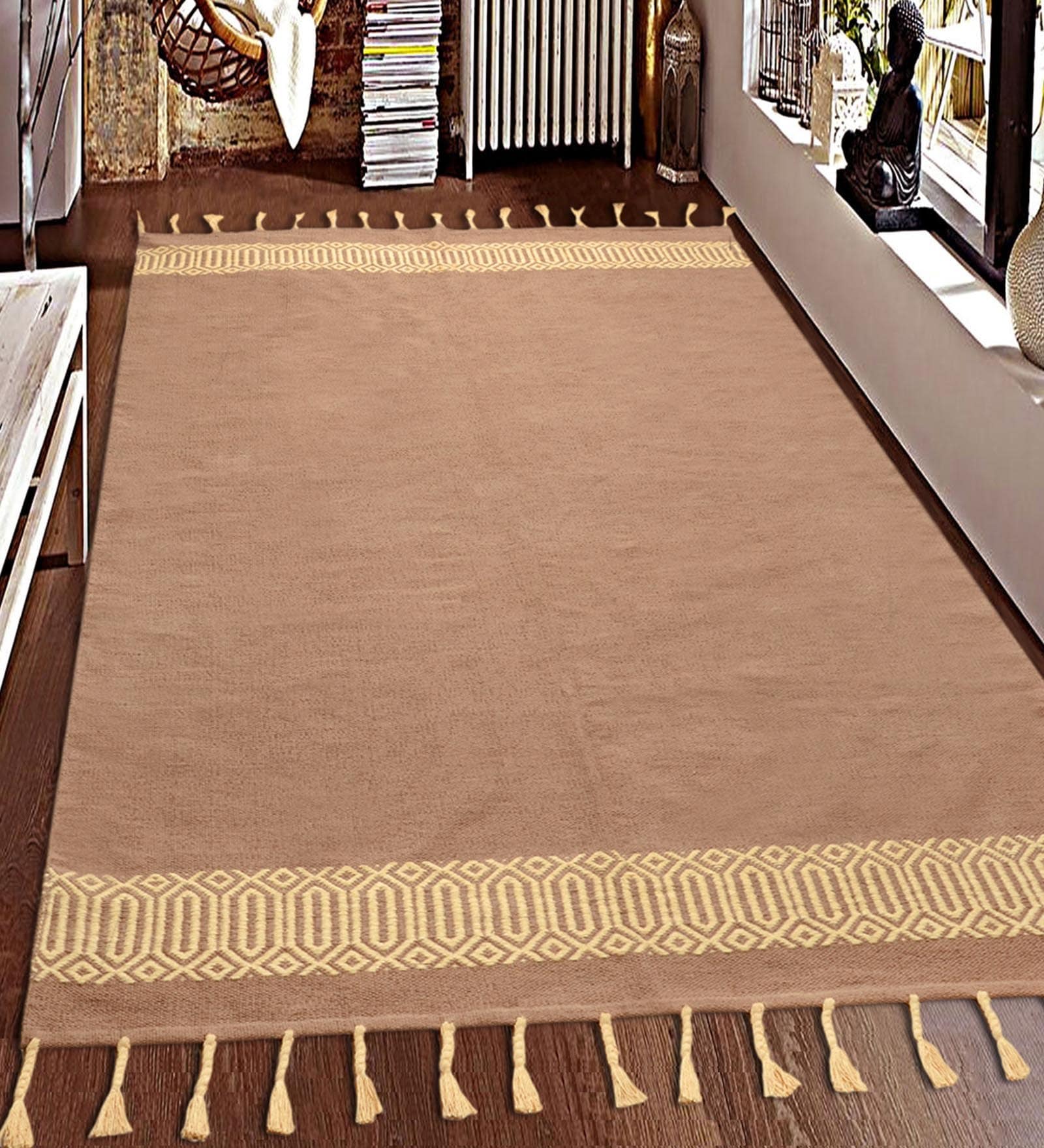 Beige Solid Hand Woven 5 X 7 Feet Cotton Dhurrie